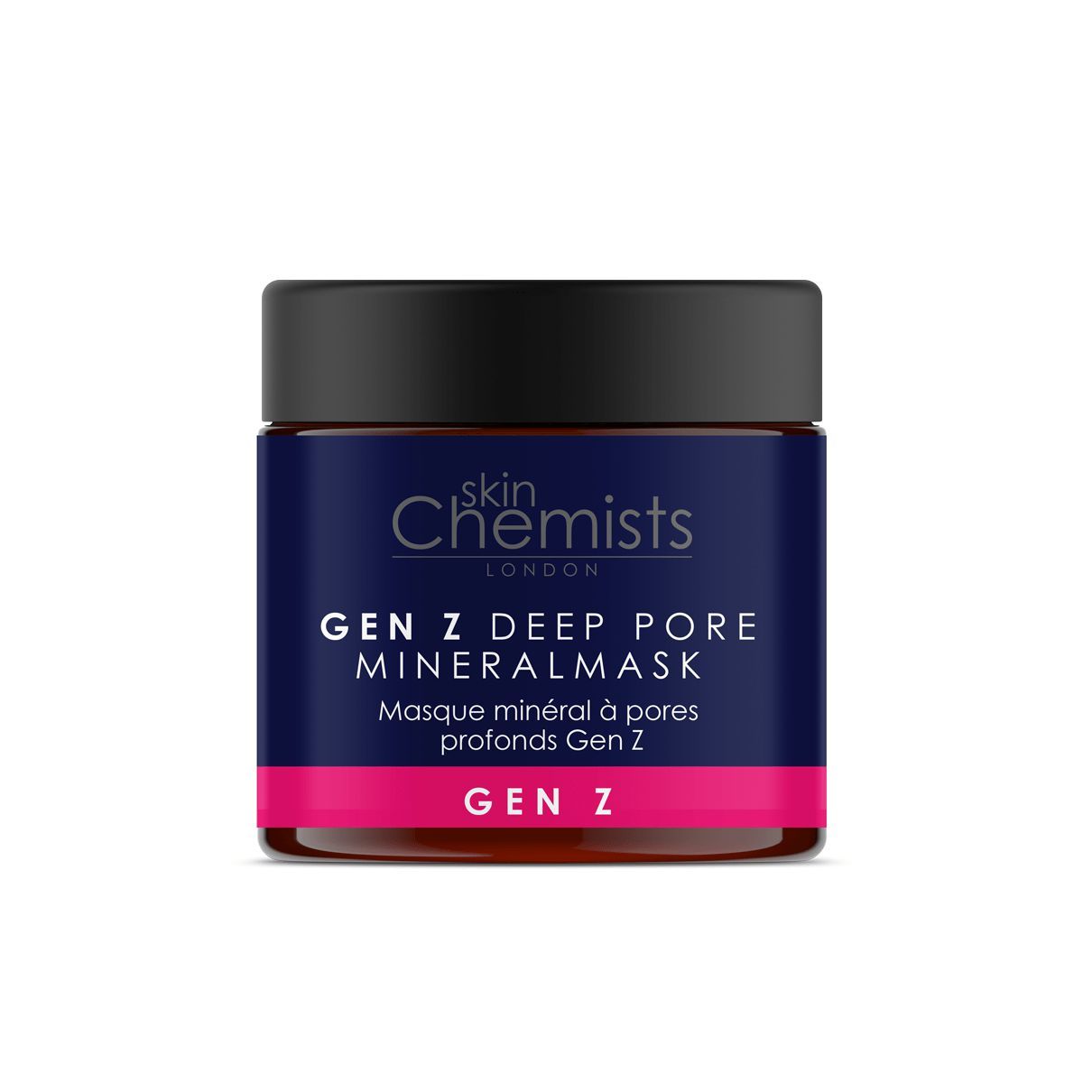 Tiegel mit schwarzem Deckel. Aufschrift: skinChemists, GEN Z DEEP PORE MINERAL MASK. Rosa Streifen. Braunes Glas.