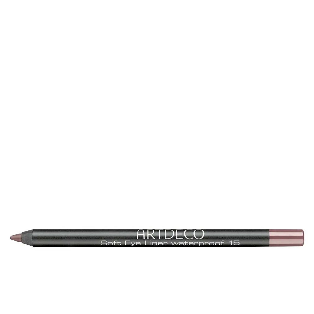 Artdeco Soft Eye Liner Waterproof 15. Dunkelbrauner Stift mit silberner Schrift. Spitze und Ende in Braun. Aufschrift: Soft Eye Liner Waterproof 15.