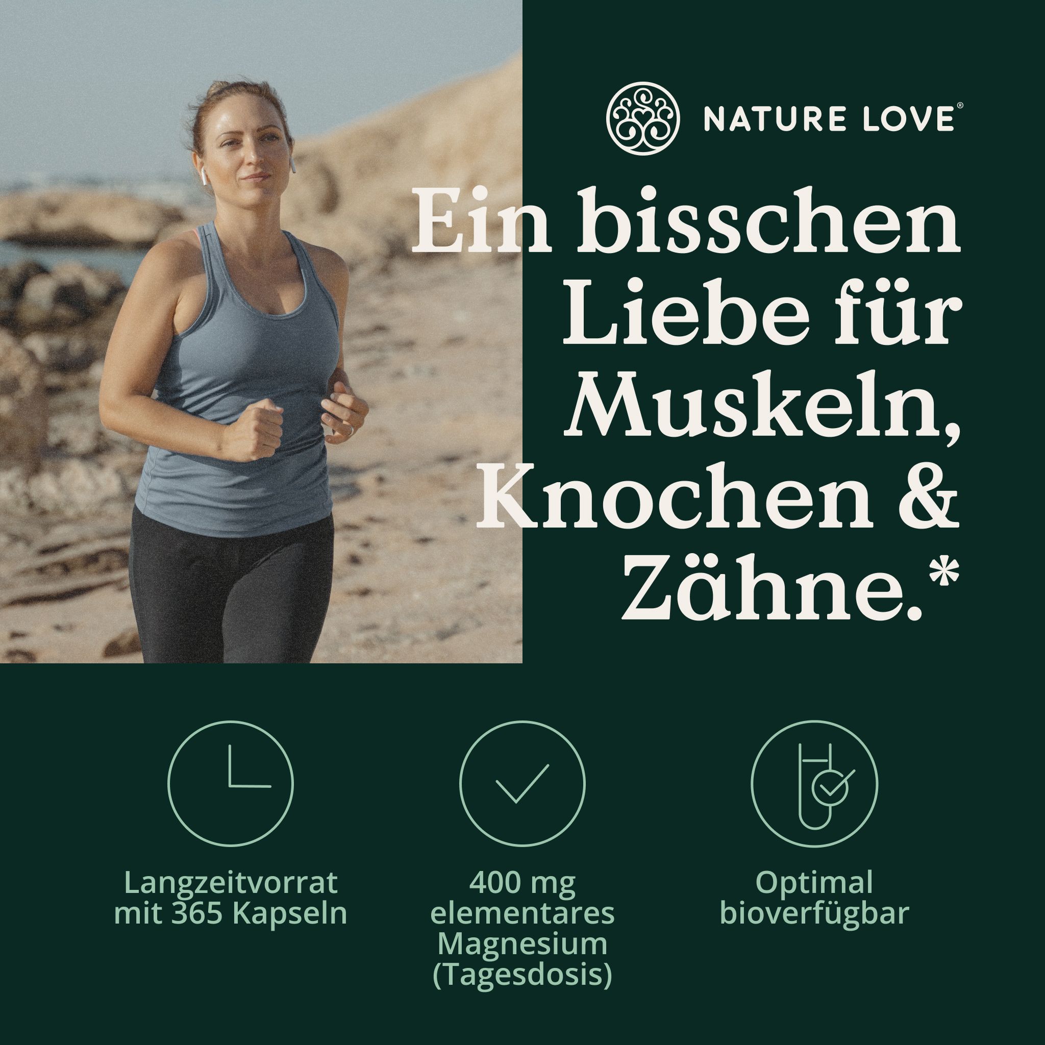 Läuferin am Strand, Text: Ein bisschen Liebe für Muskeln, Knochen & Zähne.