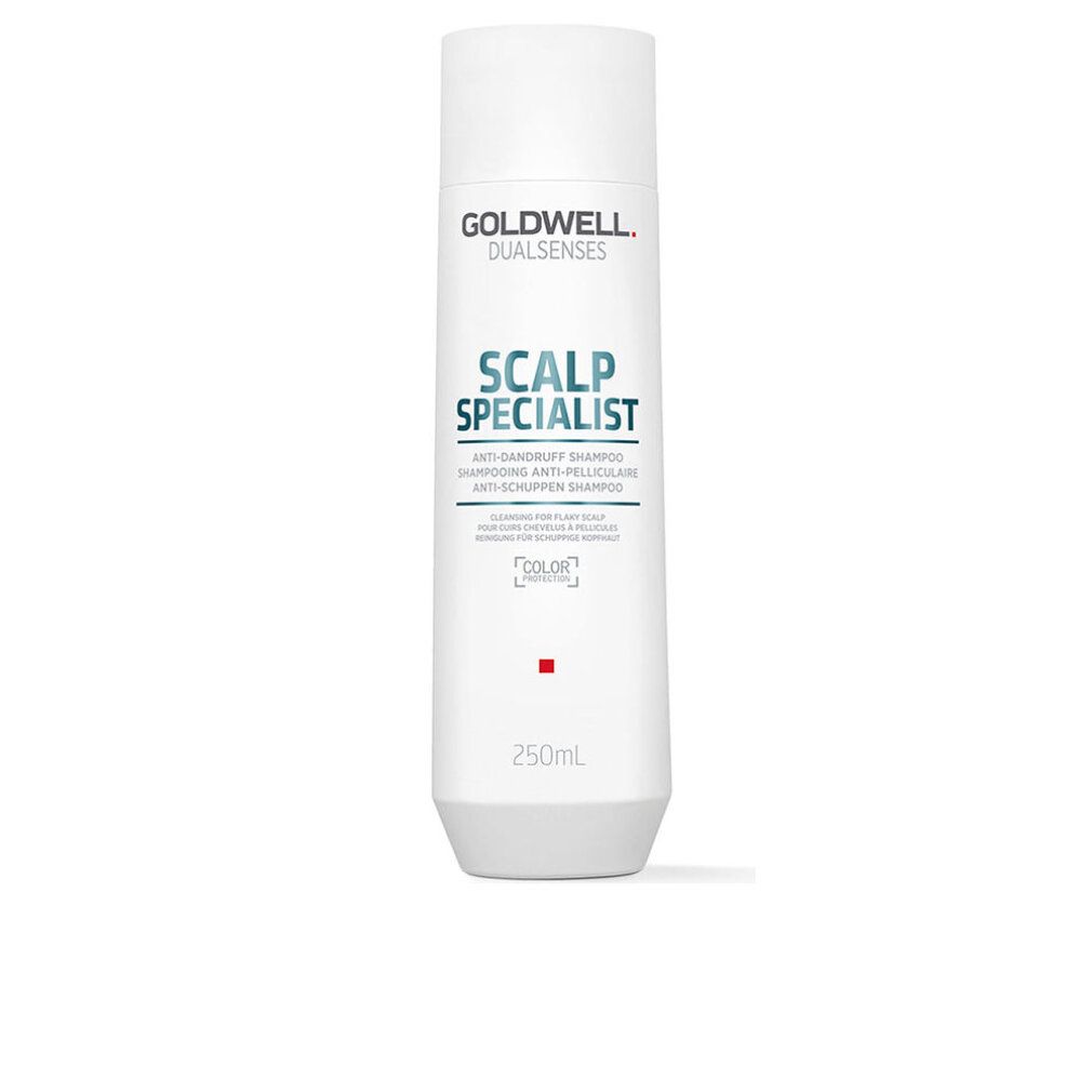 Weiße Shampoo-Flasche mit Goldwell-Logo und Aufschrift "SCALP SPECIALIST". Enthält 250ml. Anti-Schuppen Shampoo.