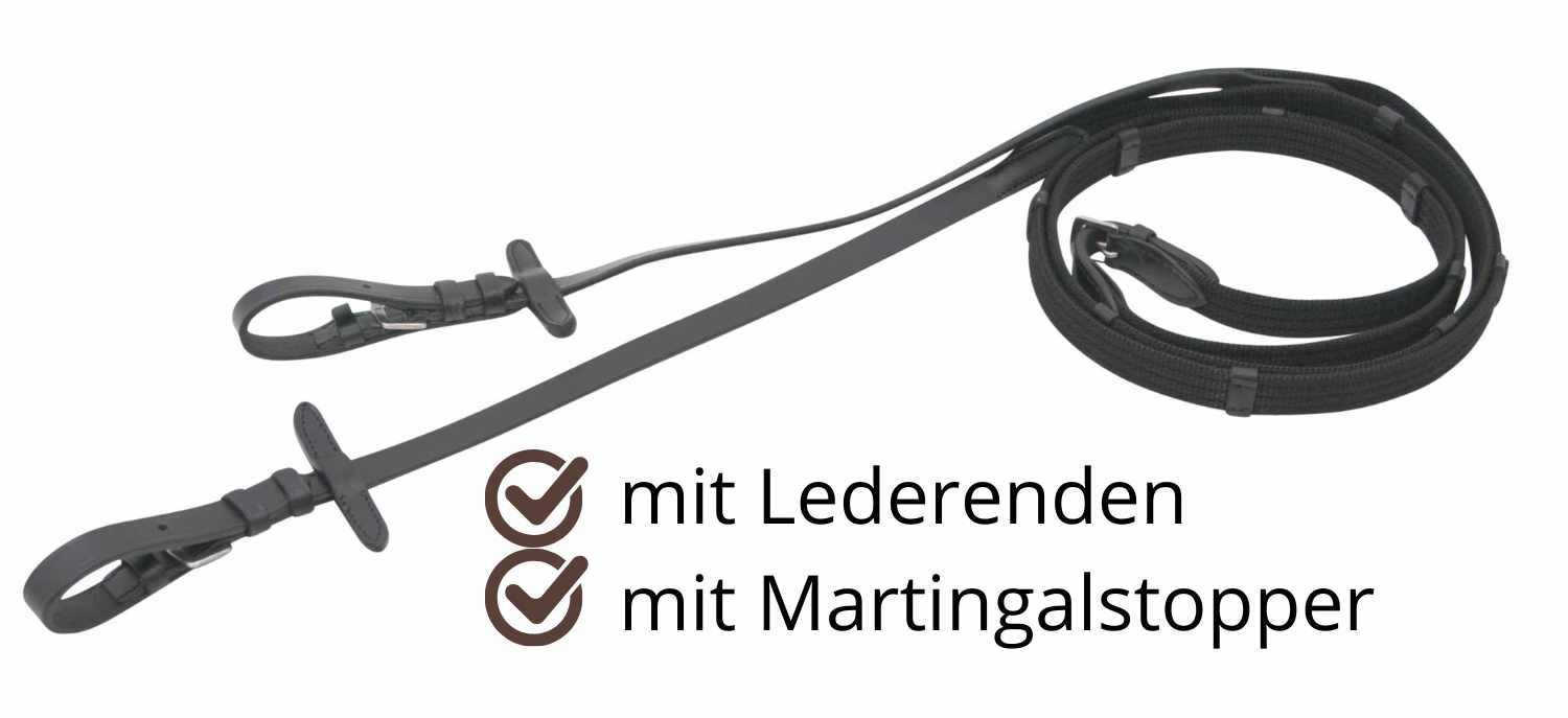 Schwarzer Gurtzügel mit Lederenden und Martingalstopper. Text: mit Lederenden, mit Martingalstopper.