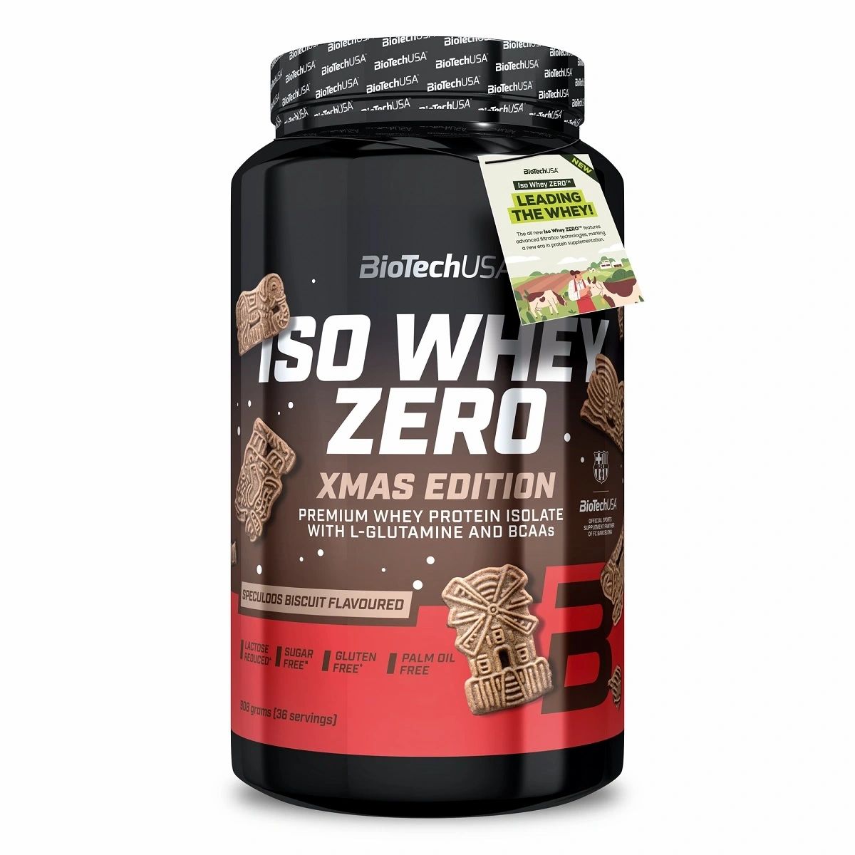 Schwarze Dose mit BiotechUSA Iso Whey Zero Xmas Edition. Enthält Kekse. Aufschrift: Premium Whey Protein Isolat.