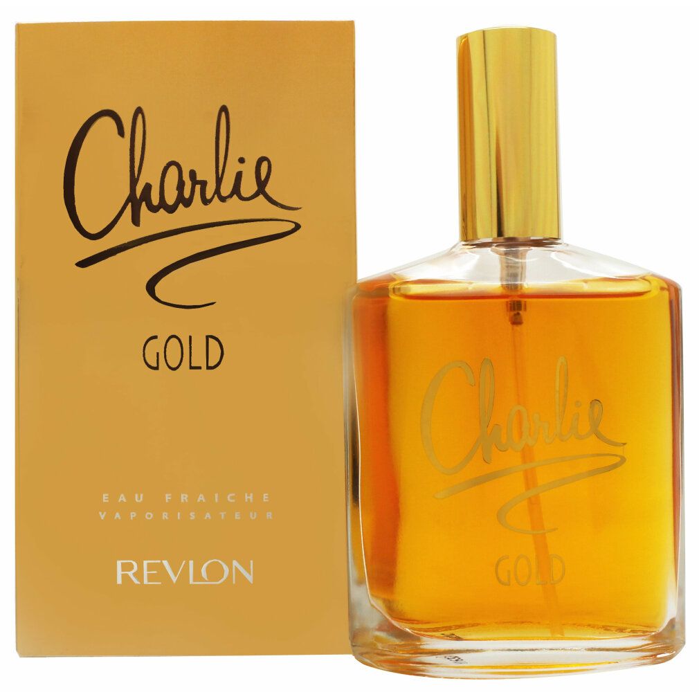 Goldfarbenes Eau Fraîche von Revlon. Flakon mit goldfarbenem Verschluss und Schriftzug Charlie Gold. Karton mit Schriftzug.
