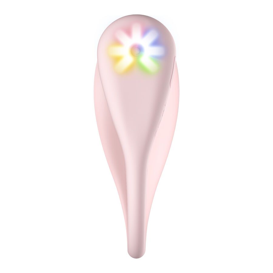 Rosa Auflegvibrator mit einem leuchtenden Sternmuster in Regenbogenfarben an der Spitze.