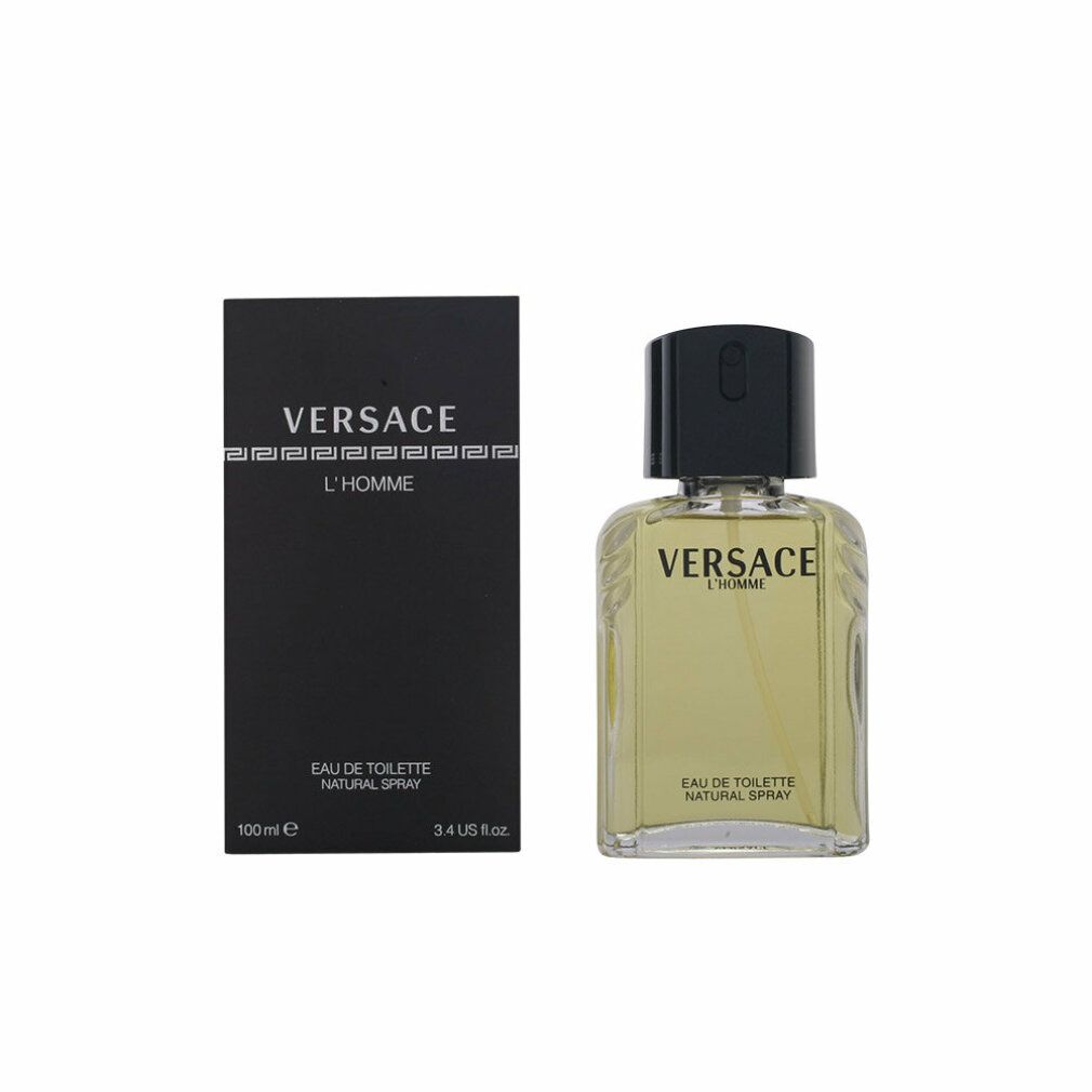 Schwarzer Karton und Flakon. Aufschrift: VERSACE L'HOMME, Eau de Toilette Natural Spray. Flakon mit schwarzem Deckel.