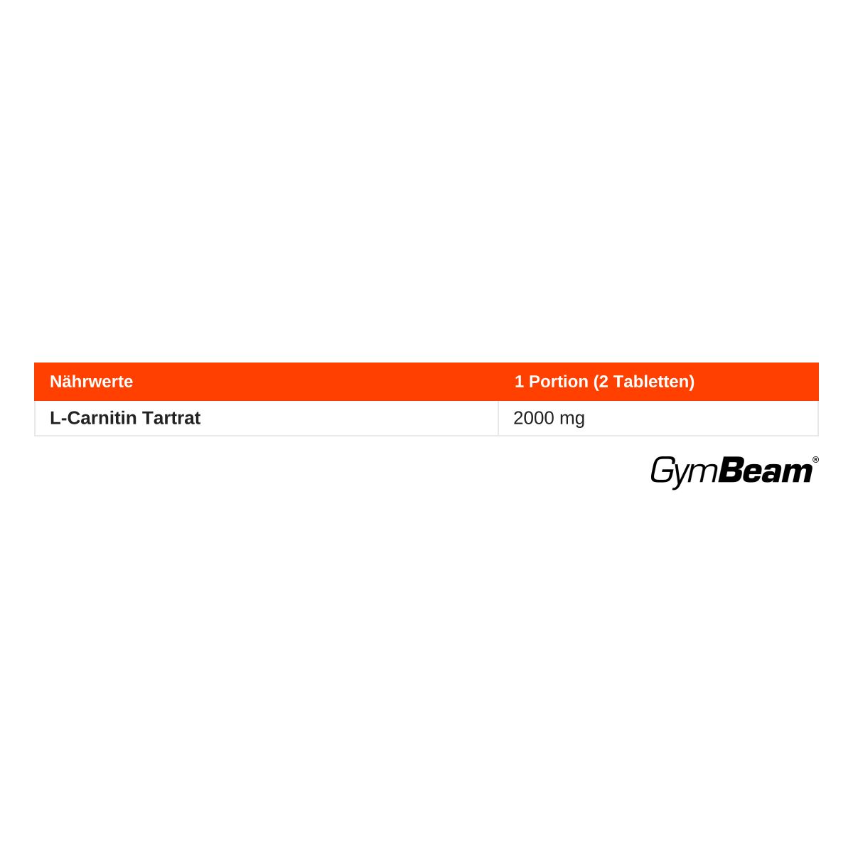 Nährwertangaben: L-Carnitin Tartrat, 2000 mg pro Portion (2 Tabletten). GymBeam.