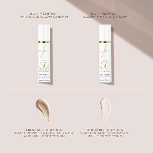 Zwei Produkte nebeneinander. Text: Sun Perfect Mineral Glow Cream und Sun Perfect Illuminating Cream. Produktproben darunter.