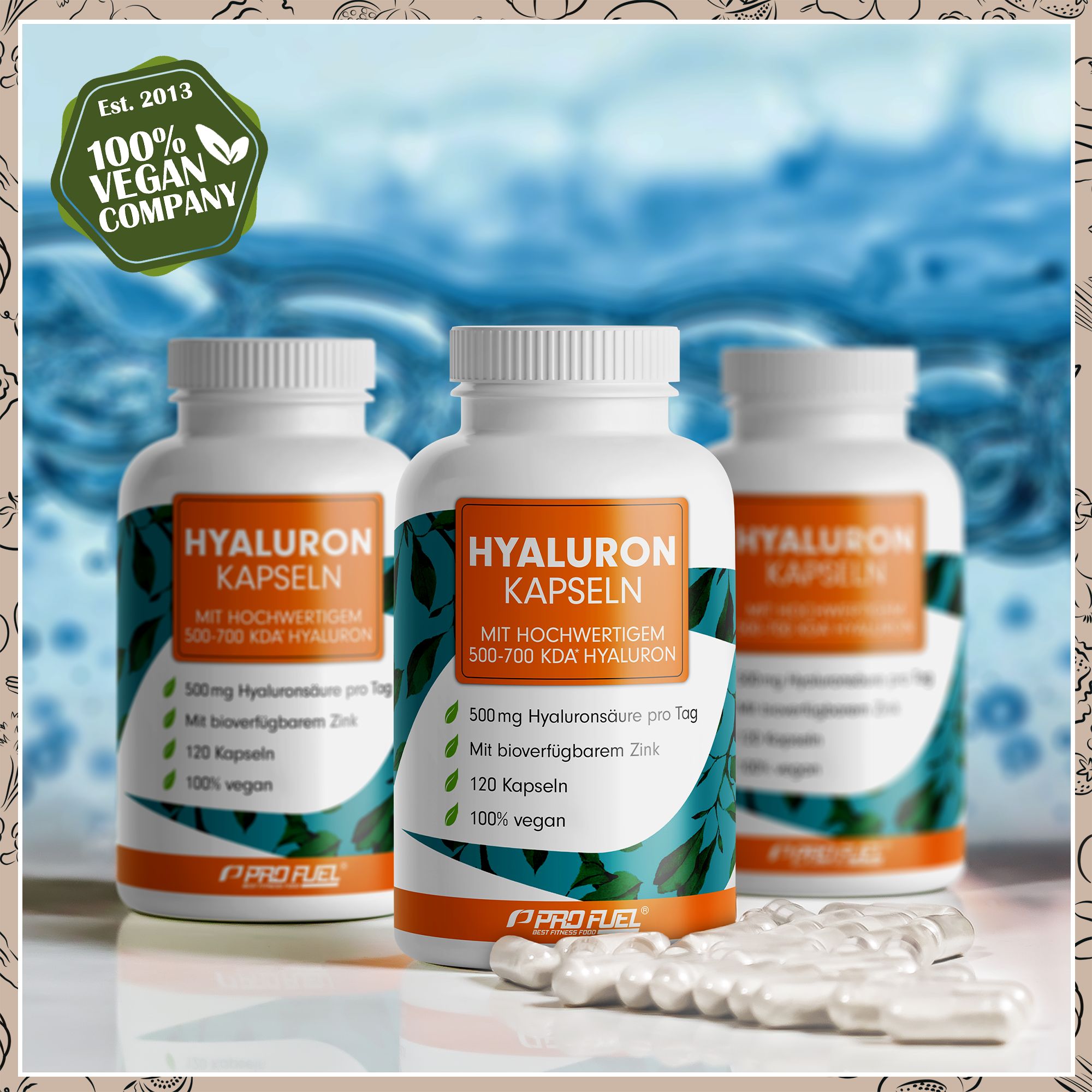 Drei weiße Flaschen Hyaluron Kapseln, 120 Kapseln, vegan. Mit Kapseln daneben. 100% vegan company.