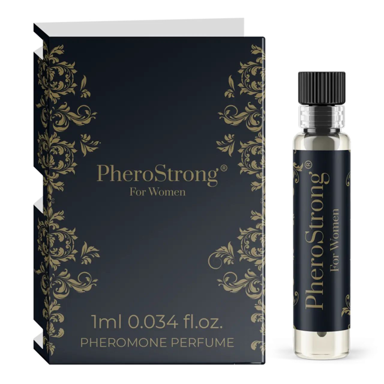 Flakon und Verpackung. Flakon mit schwarzem Verschluss. Verpackung mit goldfarbenem Muster und Schriftzug PheroStrong For Women.