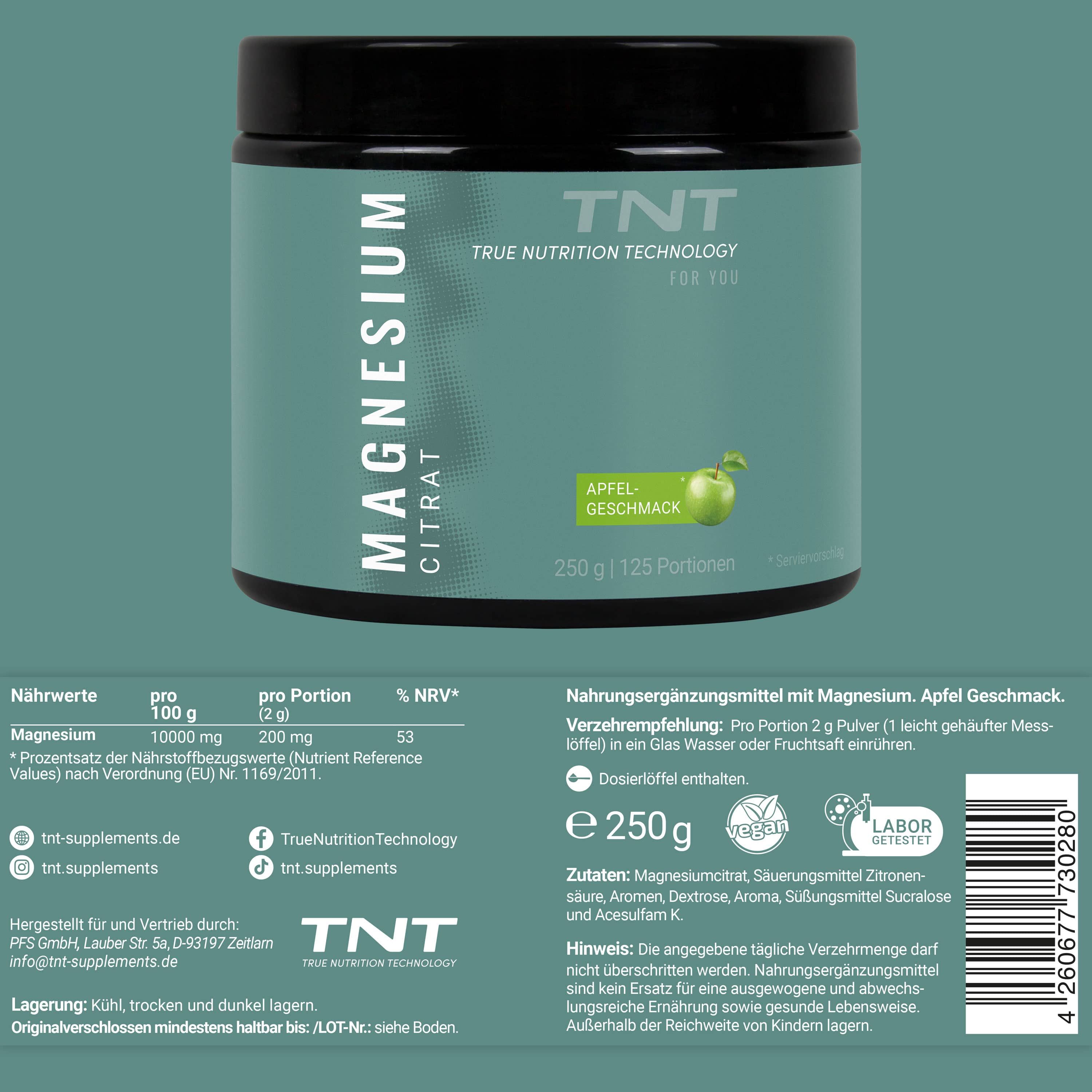 TNT Magnesium Citrat Dose, Apfel-Geschmack. 250g, 125 Portionen. Nährwerttabelle. Text: Nahrungsergänzungsmittel mit Magnesium. Dosierlöffel enthalten.
