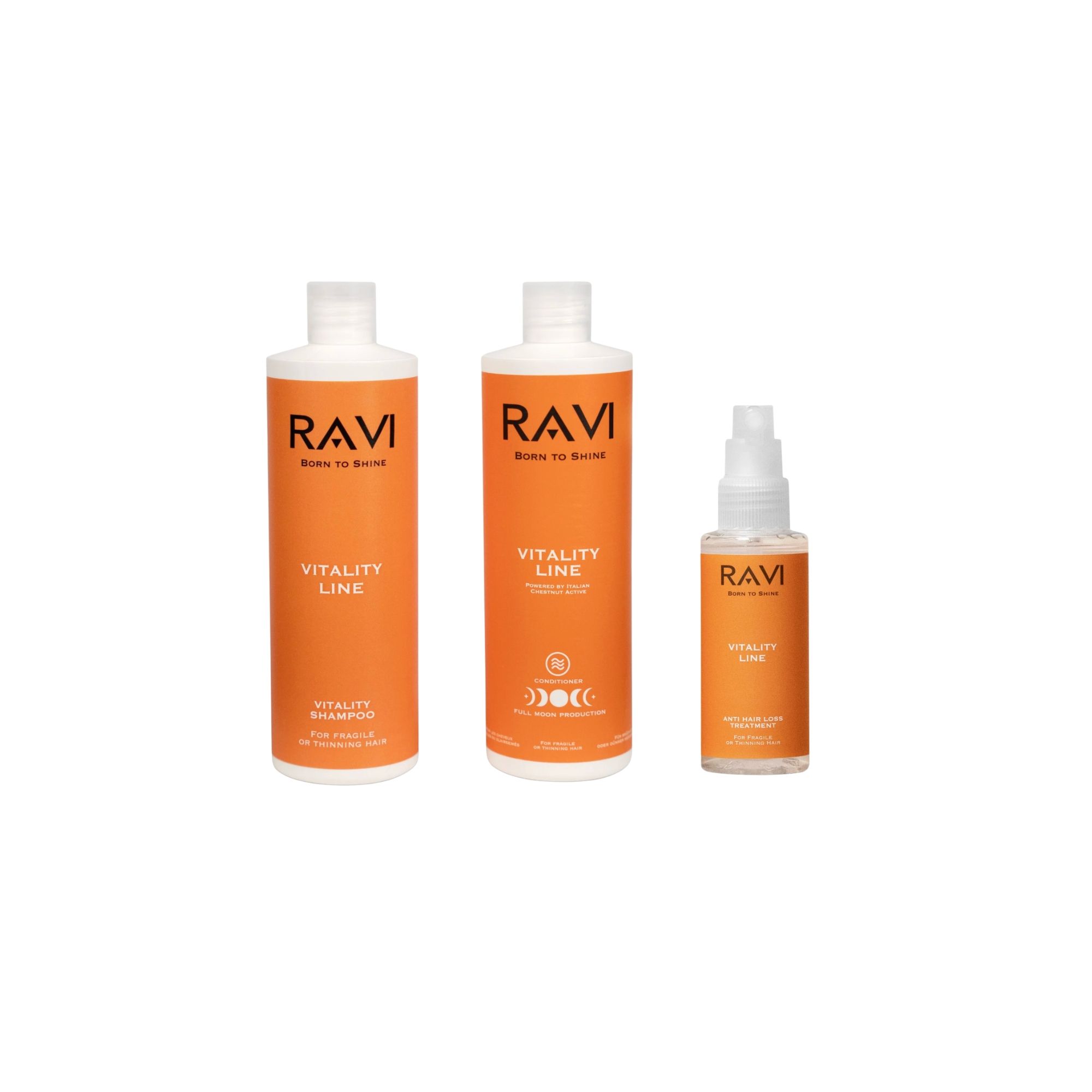 Drei RAVI Vitality Line Produkte: Shampoo, Spülung und Spray in orangefarbenen Flaschen.