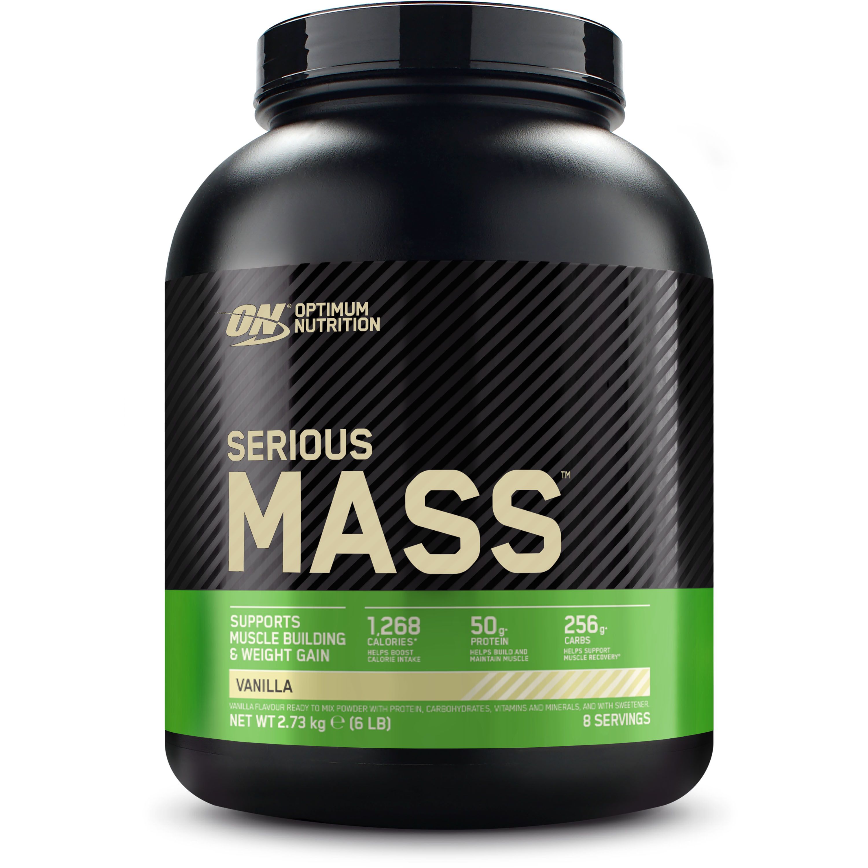 Schwarzer Behälter mit "Serious Mass" und "Optimum Nutrition"-Logo. Enthält 1.268 Kalorien, 50 g Protein, und 256 g Kohlenhydrate.