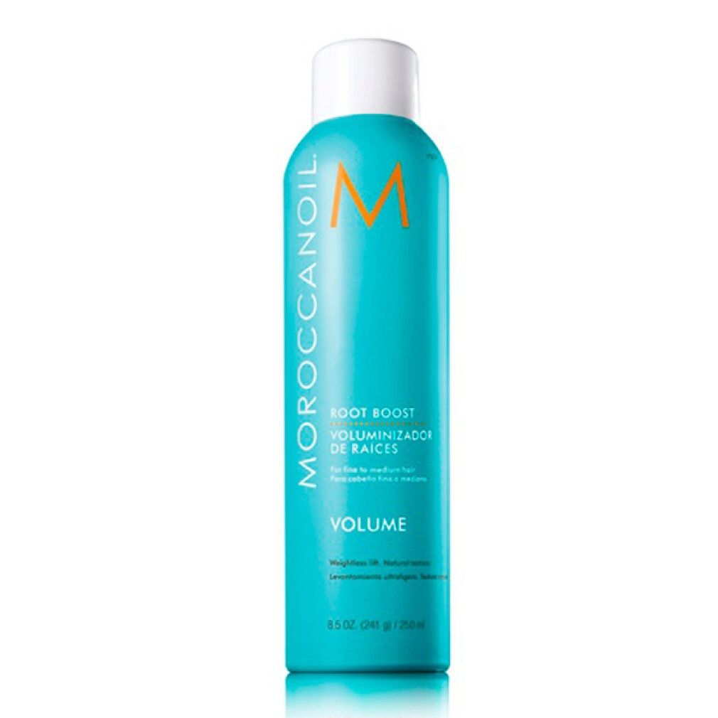 Türkisblaue Sprühflasche mit weißem Deckel. Aufschrift: Moroccanoil, Root Boost, Volumenizador de Raíces, Volume. Orangefarbenes M-Logo.