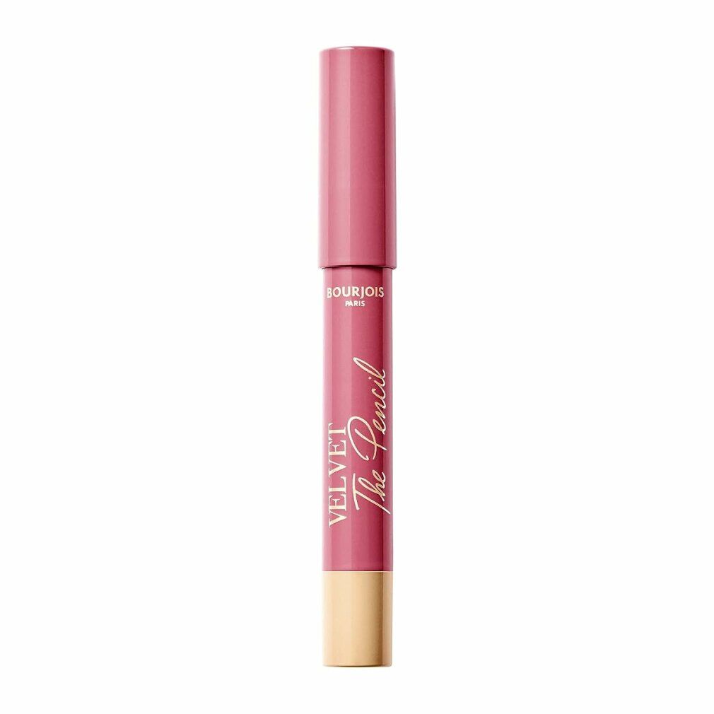 Rosafarbener Lippenstiftstift. Aufschrift: VELVET The Pencil, Bourjois Paris. Goldfarbener Boden.