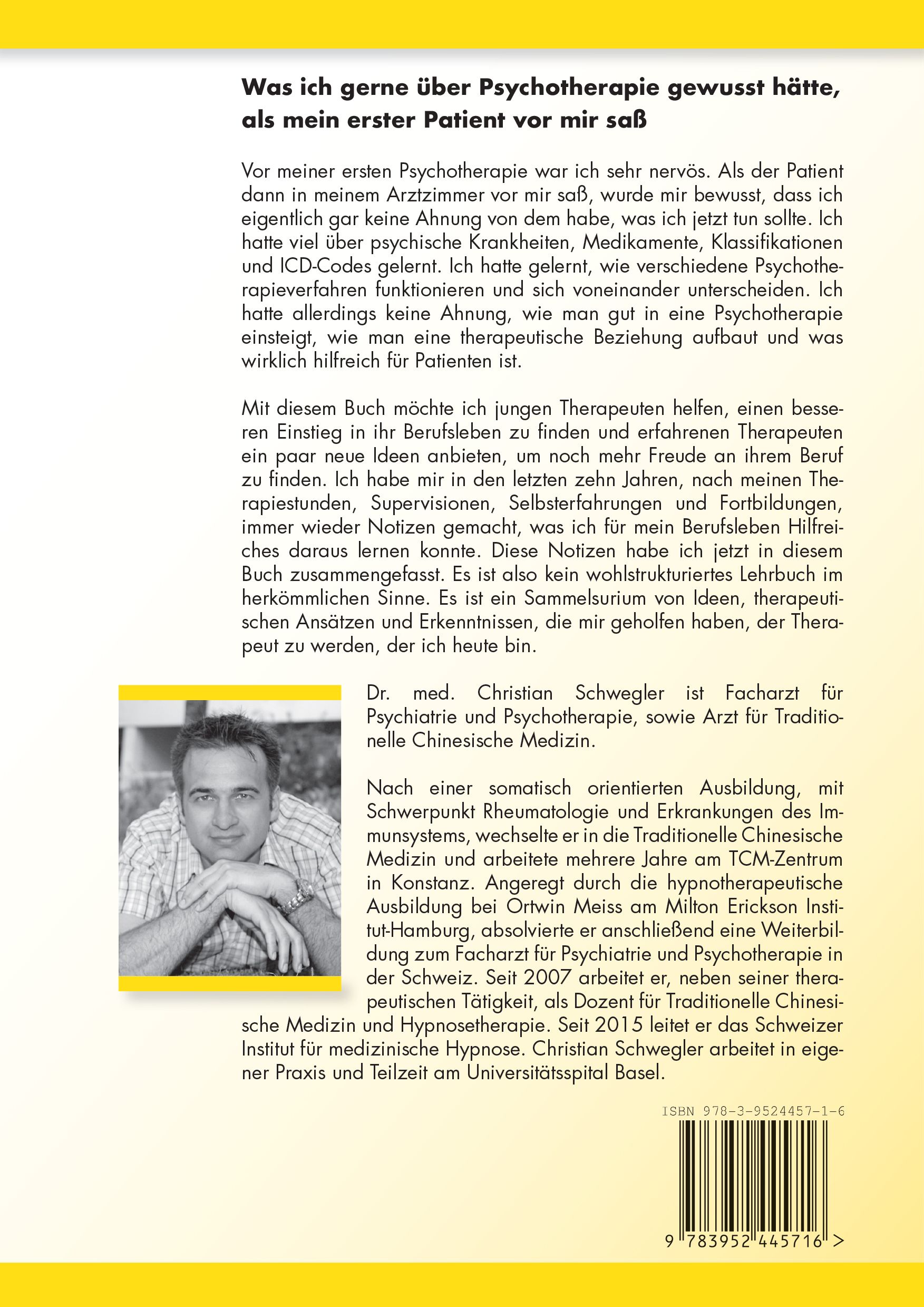 Buchrückseite. Text über Psychotherapie. Foto von Dr. med. Christian Schwegler. ISBN-Code.