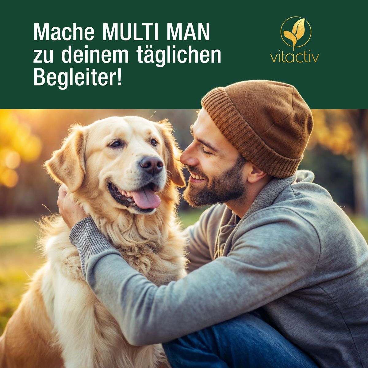 Mann umarmt seinen Hund im Freien, mit Vitactiv MULTI MAN Logo.