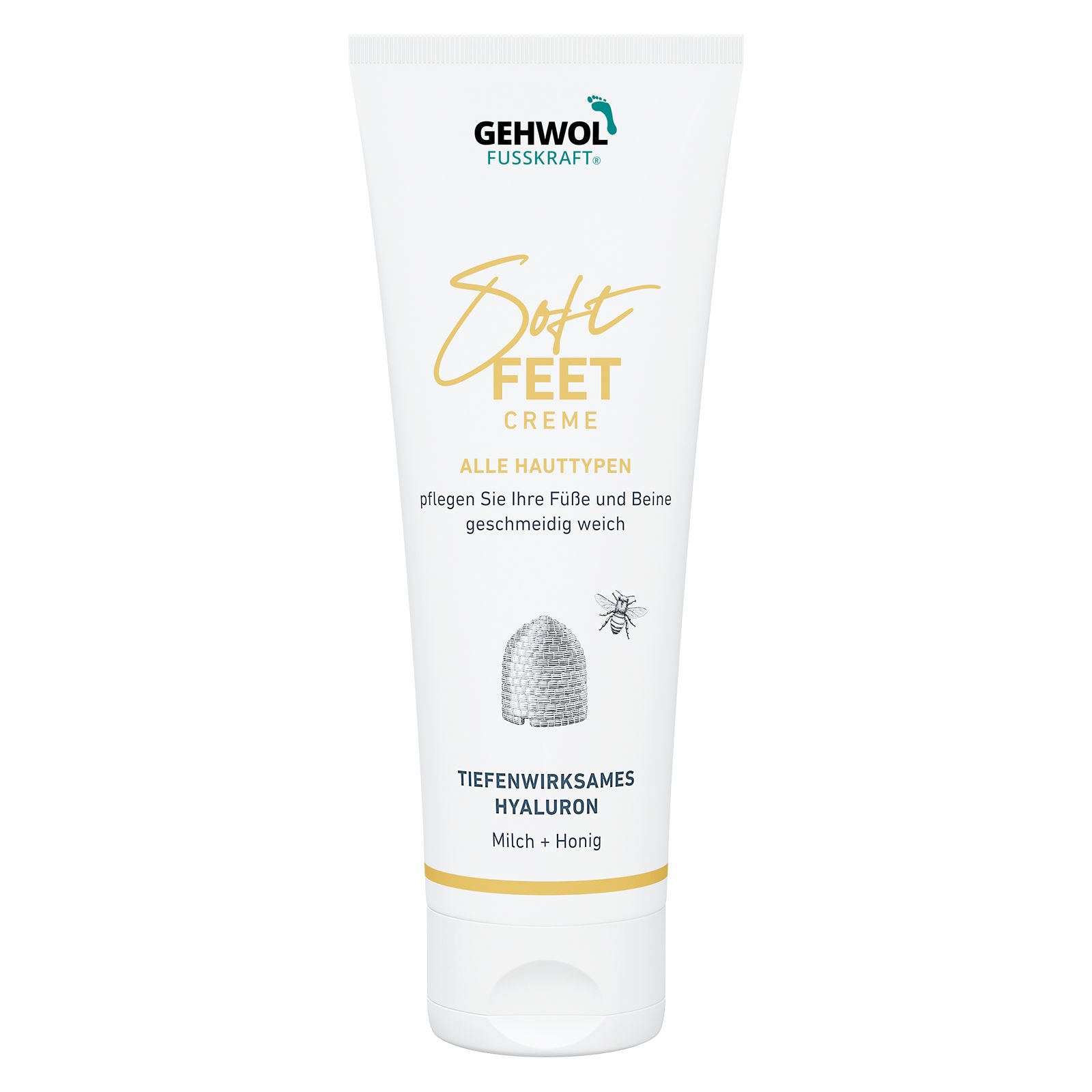 Weiße Creme-Tube. Schriftzug: GEHWOL FUSSKRAFT Soft Feet Creme. Text und Illustrationen.