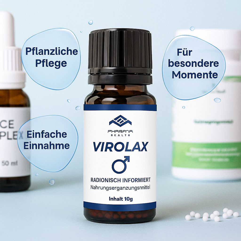 Braune Glasflasche mit schwarzem Deckel. Weißes Etikett mit Logo, Produktname "Virolax" und männlichem Symbol. Zusätzliche Flaschen und Pillen im Hintergrund.