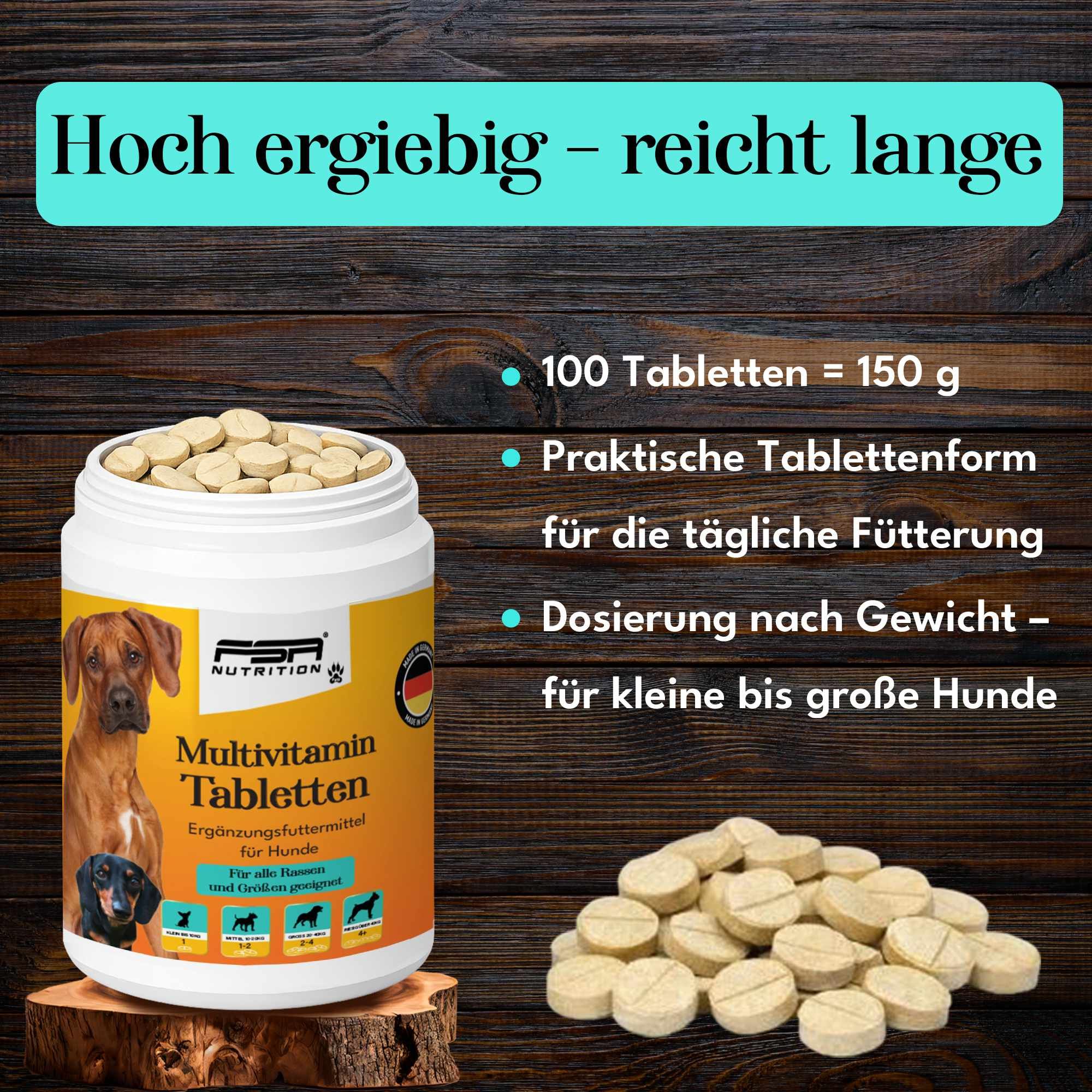 FSA NUTRITION Multivitamin Tabletten für Hunde. Weiße Tabletten in einer weißen Dose. Aufschrift: Praktische Tablettenform, Dosierung nach Gewicht.
