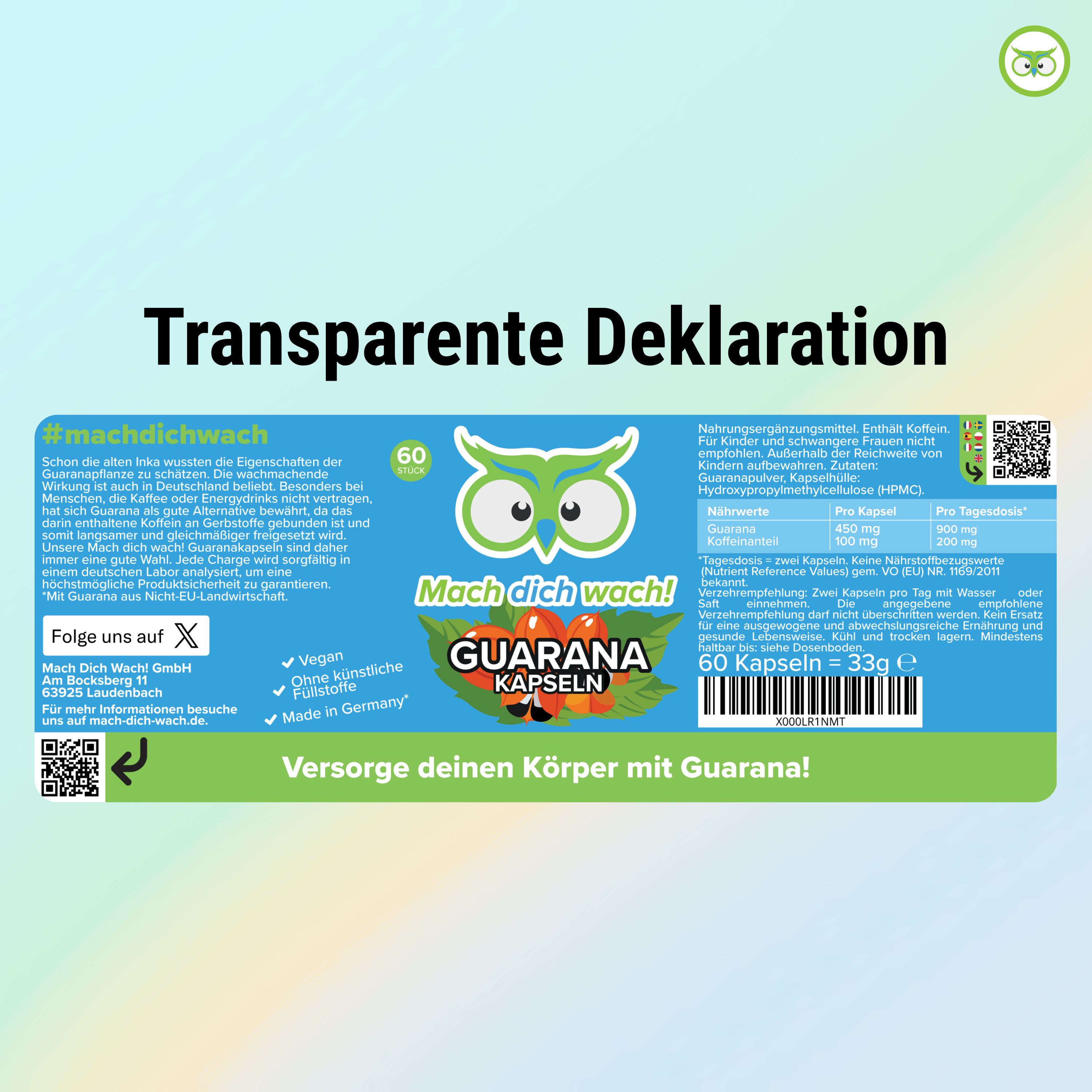 Etikett mit Text und Informationen. Enthält: 60 Kapseln, 33g. Aufschrift: Mach dich wach!® Guarana Kapseln. Inhaltsstoffe und Nährwertangaben.