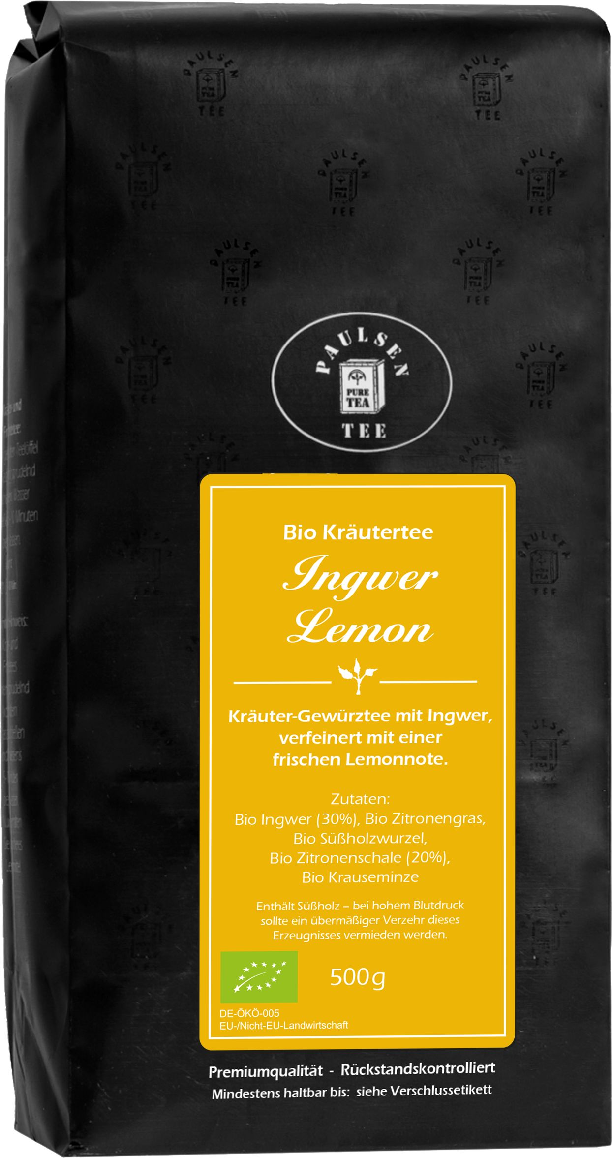 Schwarze Verpackung mit gelbem Etikett. Aufschrift: Bio Kräutertee Ingwer Lemon. Logo: Paulsen Tee. 500g.