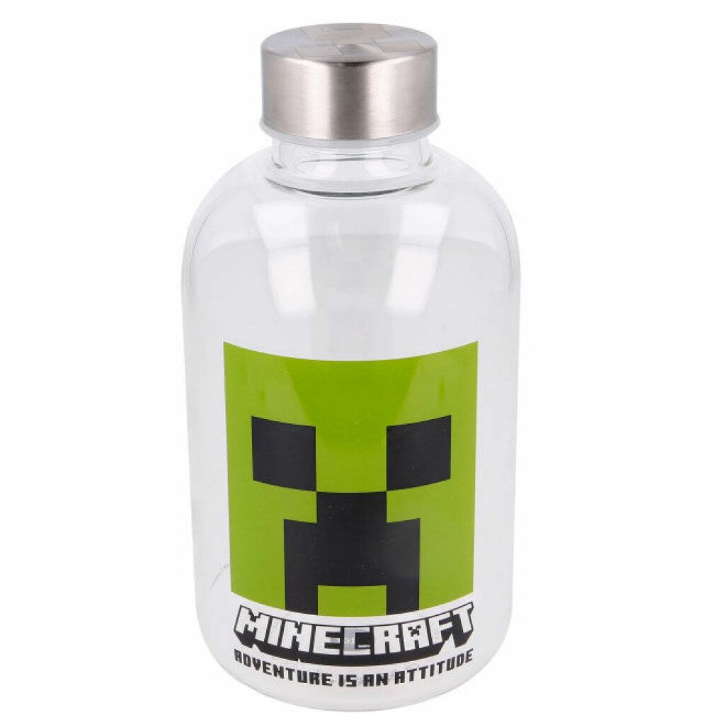 Transparente Glasflasche mit silbernem Deckel. Aufdruck: grünes Minecraft-Gesicht und Schriftzug.