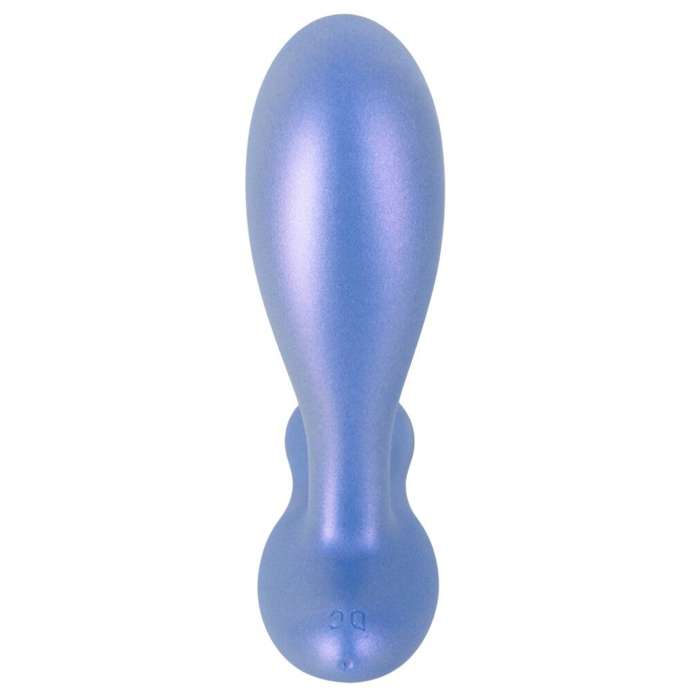 Blauer Analvibrator mit schimmernder Oberfläche, ergonomisch geformt.