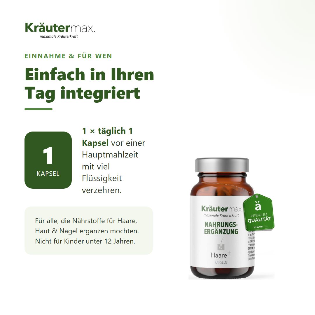 Qualitätsmerkmale von Kräutermax: Nach Originalrezeptur, pflanzliche Kapselhülle, laktosefrei, ohne Farbstoffe, handgefertigt.