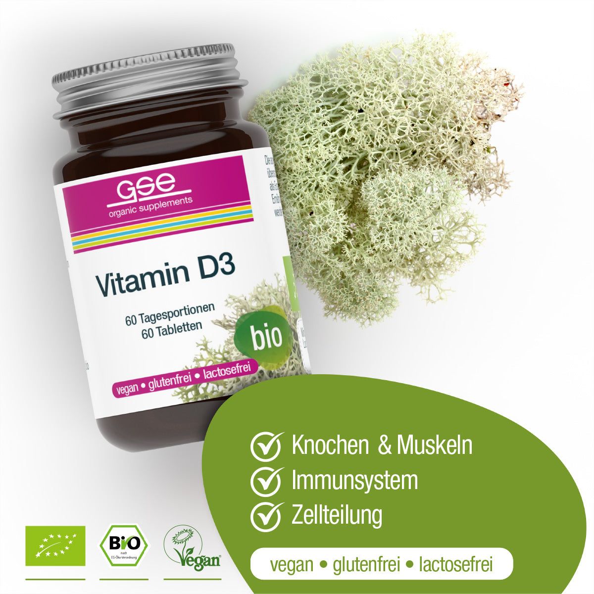 Braune Glasflasche mit GSE Vitamin D3. Aufschrift: Vitamin D3, 60 Tabletten, bio, vegan, glutenfrei, laktosefrei. Mit Moos.