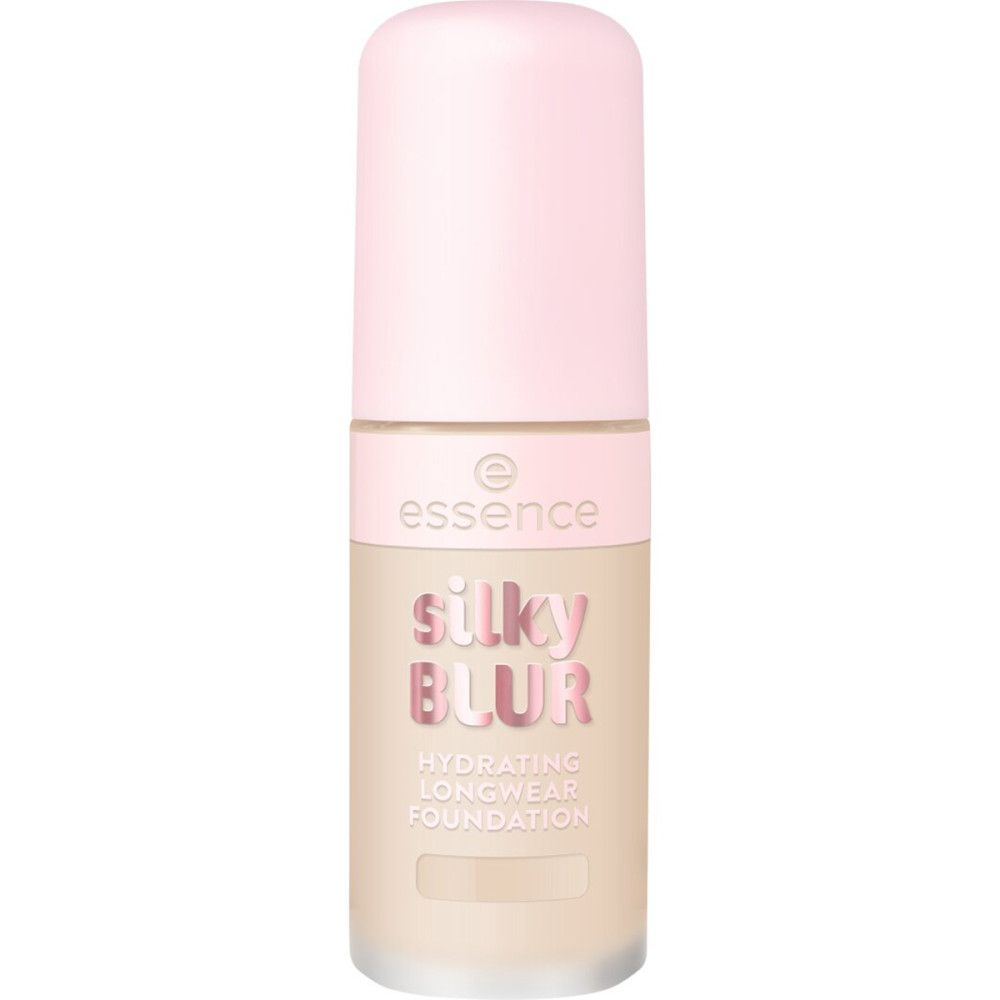 Beige Foundation-Fläschchen mit rosa Deckel. Aufschrift: Silky Blur, Hydrating Longwear Foundation. Marke: Essence.