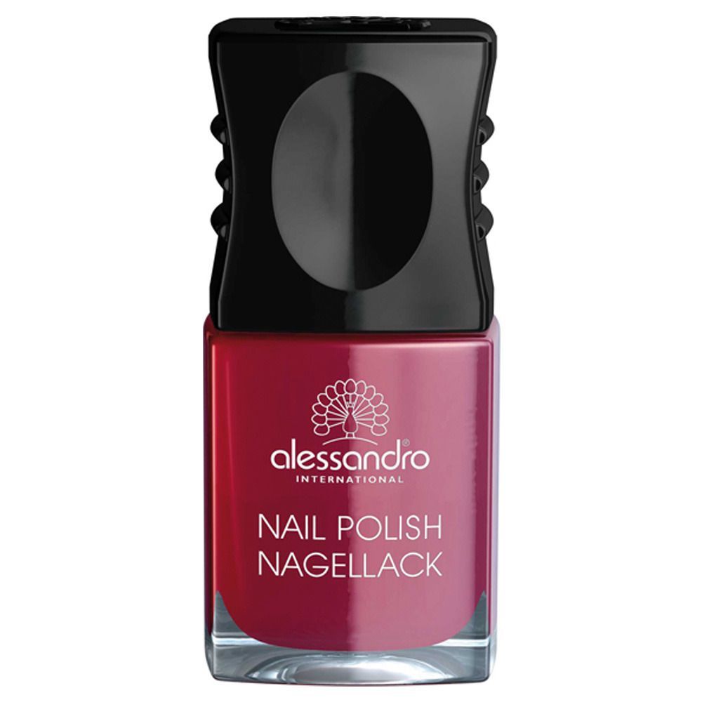 Nagellackflasche mit schwarzem Deckel. Aufschrift: alessandro international, Nail Polish Nagellack. Farbe: Velvet Red.