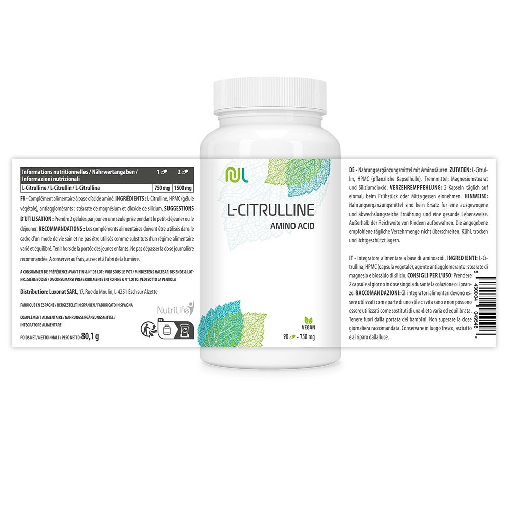 Weiße Flasche mit Etikett. Text: L-Citrullin, Amino Acid. Informationen, Zutaten, Anwendung, etc. 90 Kapseln - 750 mg.