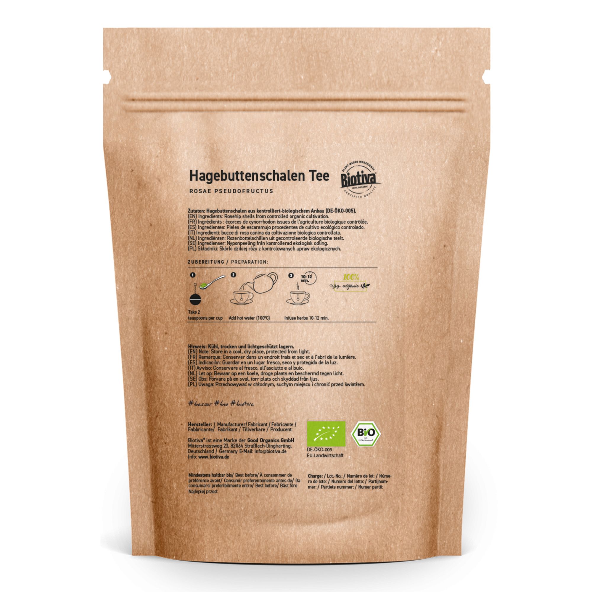 Braune Papierverpackung mit Aufdruck. Text: Hagebuttenschalen Tee, Biotiva. Bio-Siegel und Zubereitungshinweise.