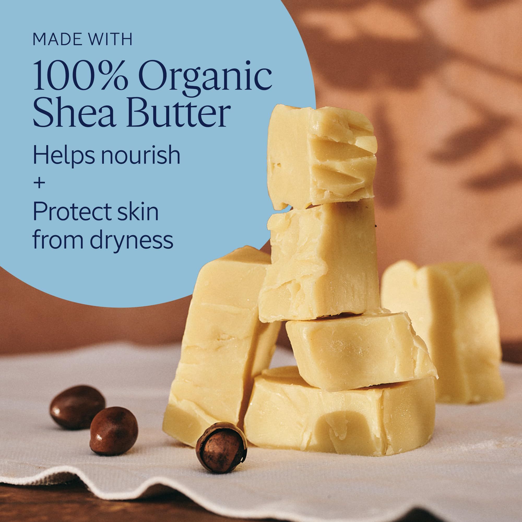 Stapel von Sheabutter-Blöcken und Nüssen, mit Text über 100% Bio-Sheabutter.