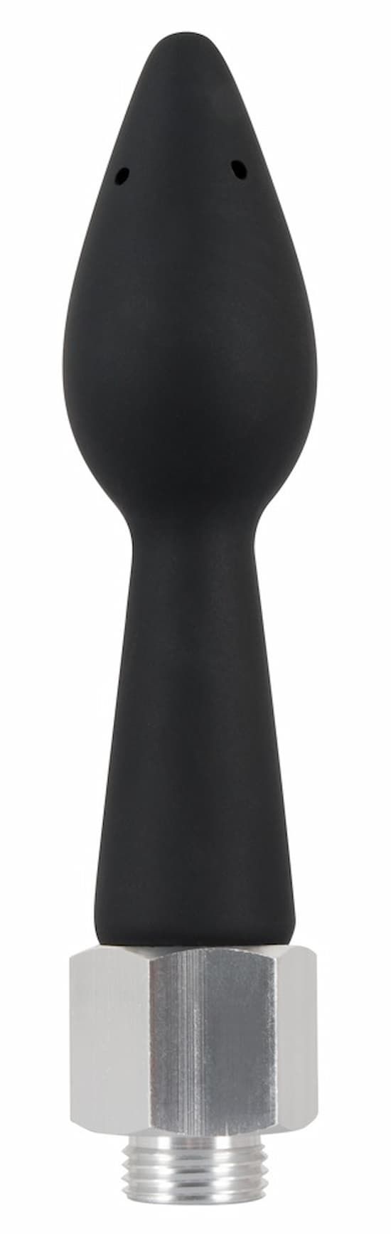 Schwarze Analdusche aus Silikon. Konische Form mit Öffnungen. Silberfarbener Anschluss.