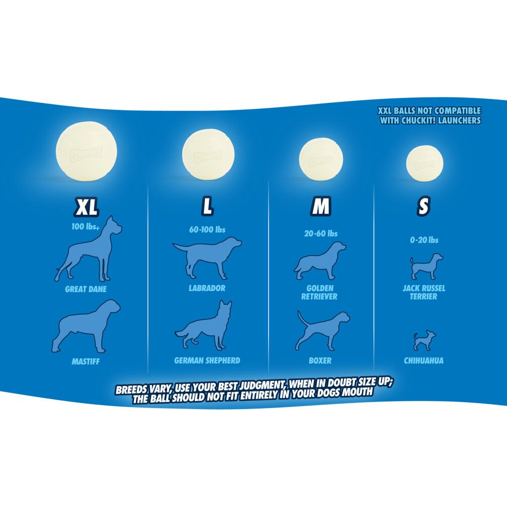 Blaues Diagramm mit Ballgrößen: XL, L, M, S. Hunde-Illustrationen und Gewichtsangaben.
