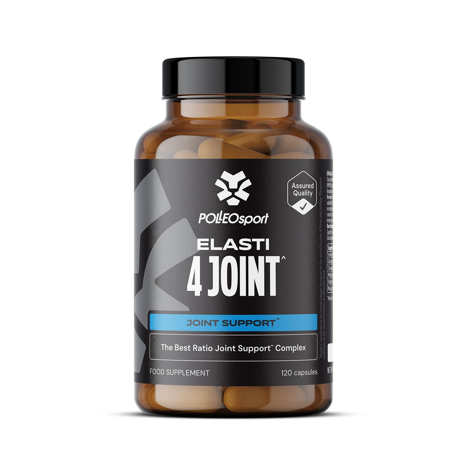 Braune Kapselbehälter mit schwarzem Deckel, Etikett mit "PolleoSport ELASTI 4 JOINT" und "JOINT SUPPORT".