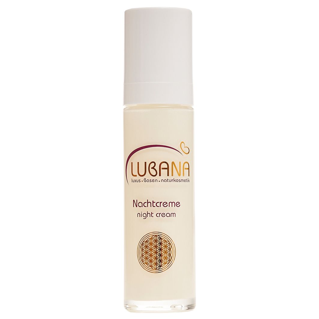 Creme-Flakon mit weißem Deckel. Aufschrift: Lubana Nachtcreme. Unterhalb ein goldenes Symbol.