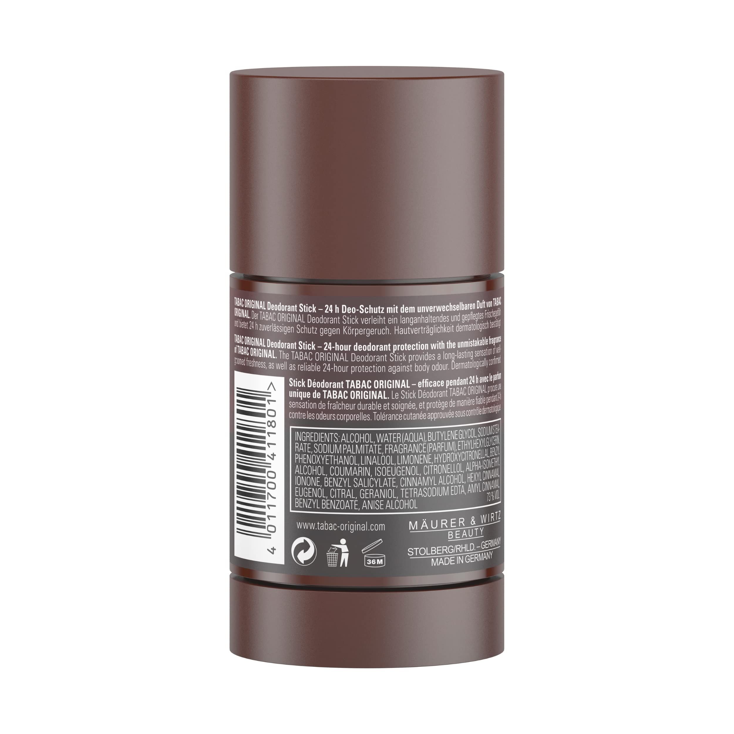 Rückseite des Deodorant-Sticks. Braune Verpackung mit Text. Text: Tabac Original, Deodorant Stick, Inhaltsstoffe, 75ml.