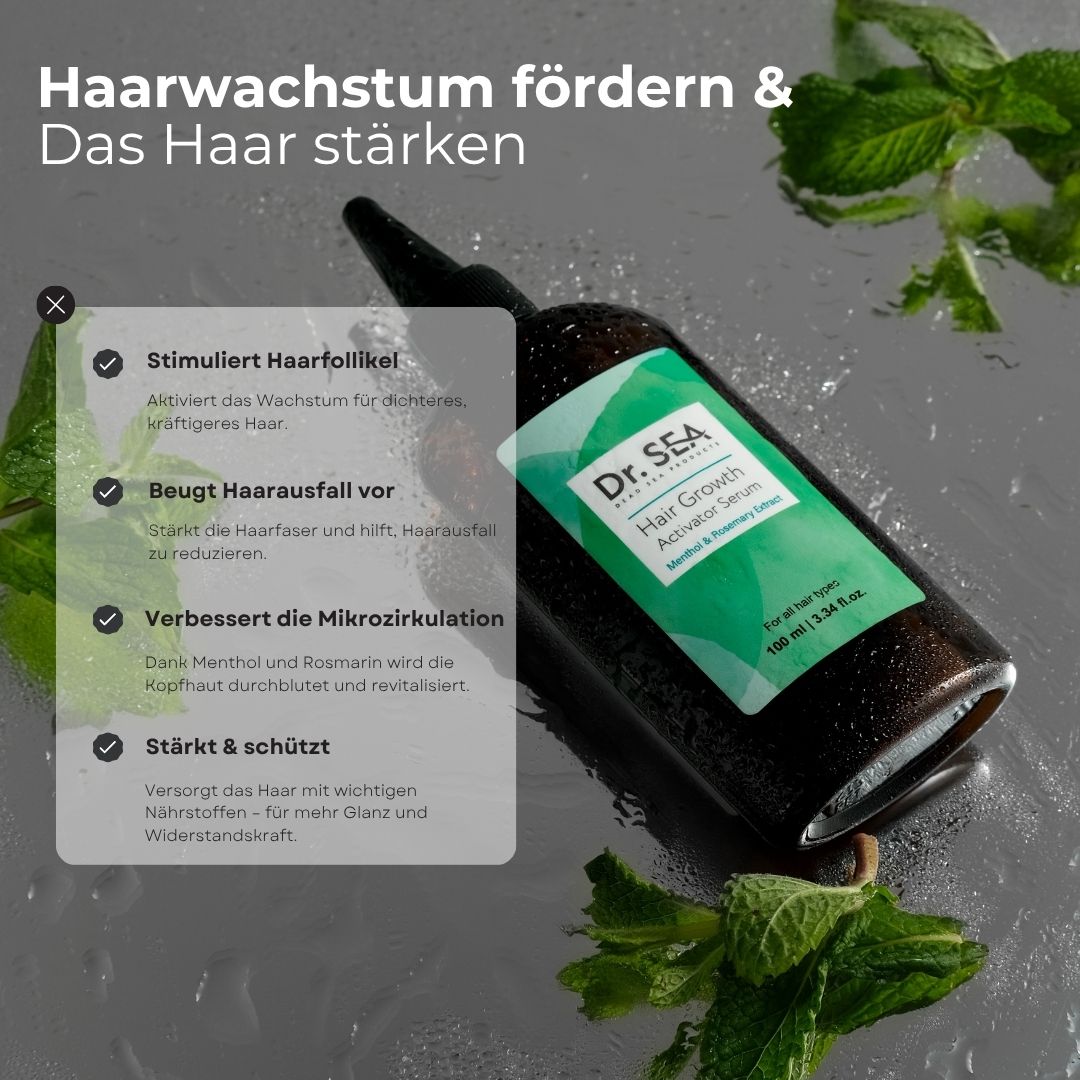 Produktflasche mit Text und Icons. Text: Stimuliert Haarfollikel, beugt Haarausfall vor, verbessert Mikrozirkulation, stärkt & schützt.