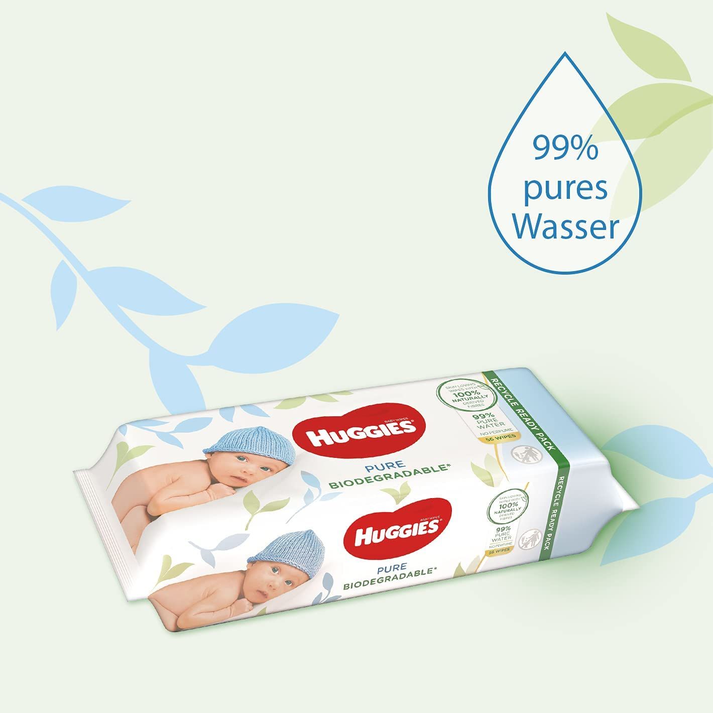 Huggies Feuchttücher-Packung. Zwei Packungen mit Baby-Motiv. Logo Huggies, 'Pure Biodegradable' und '99% pures Wasser'.