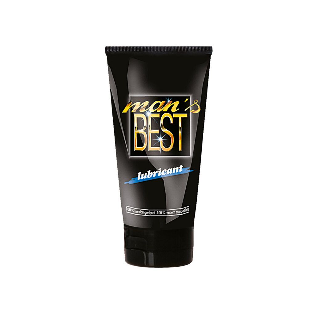 Schwarze Tube mit goldfarbenem Schriftzug "man's BEST lubricant". Unten steht "100% kondomgeeignet".