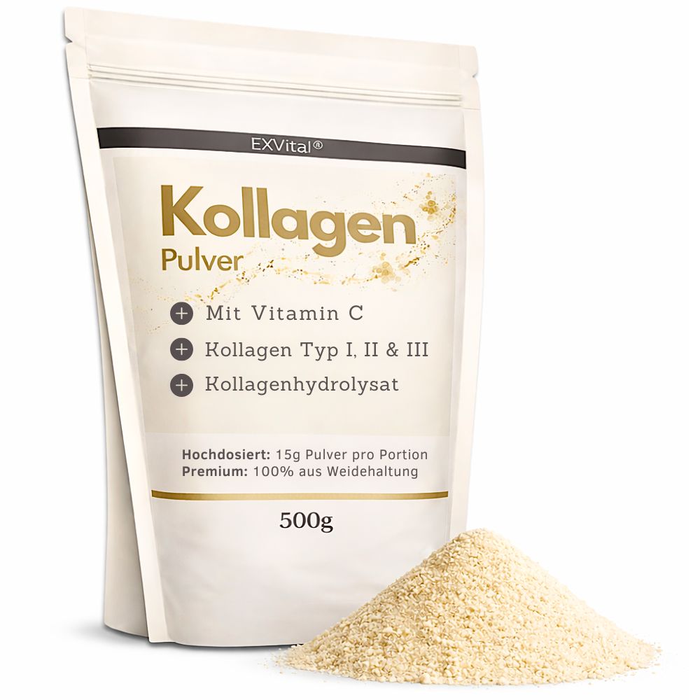 EXVital Kollagen Pulver mit Vitamin C. 500g Beutel neben einem Haufen Pulver.