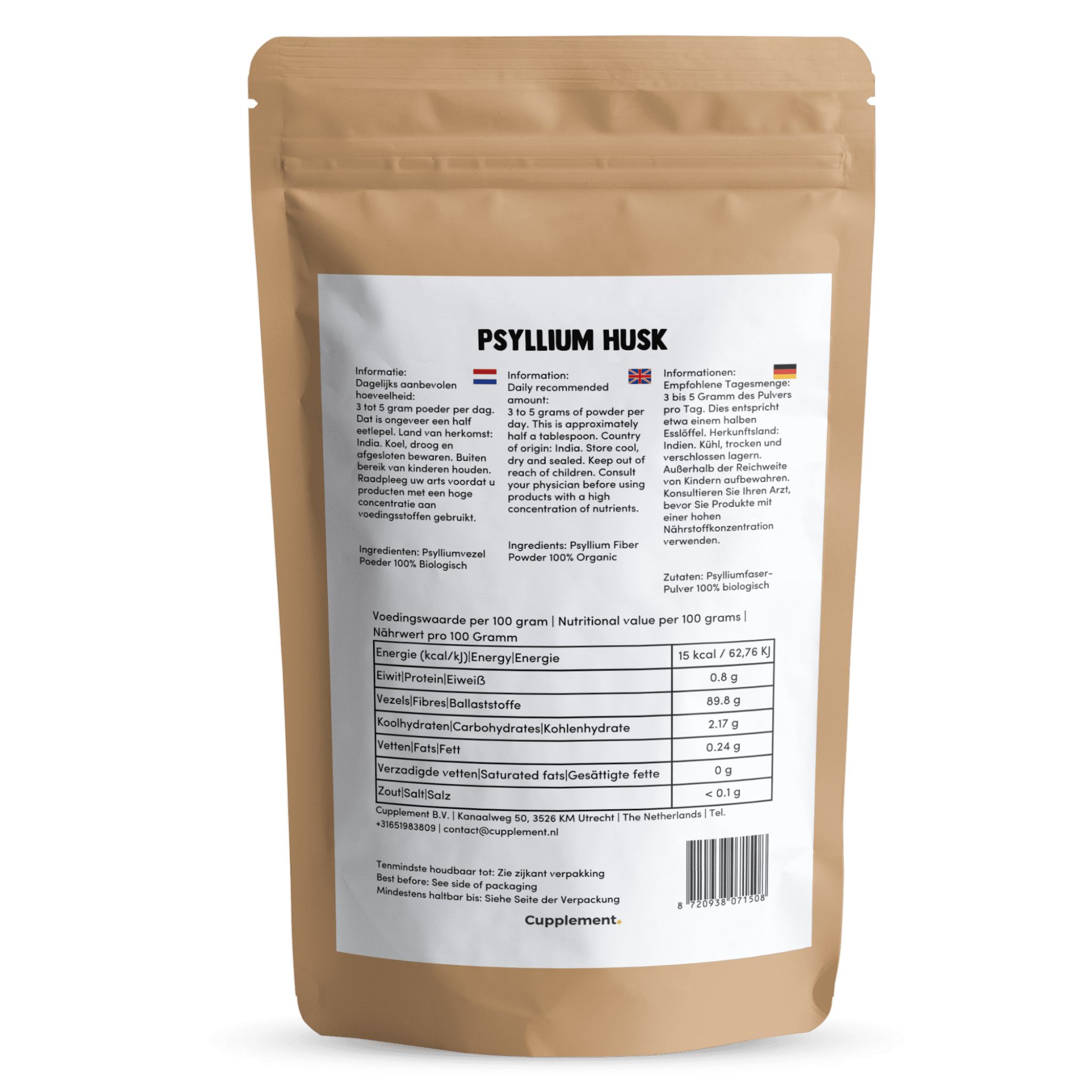 Beutel mit Psyllium Husk Pulver. Text und Nährwertangaben auf dem Beutel. BIO-Zertifizierung.