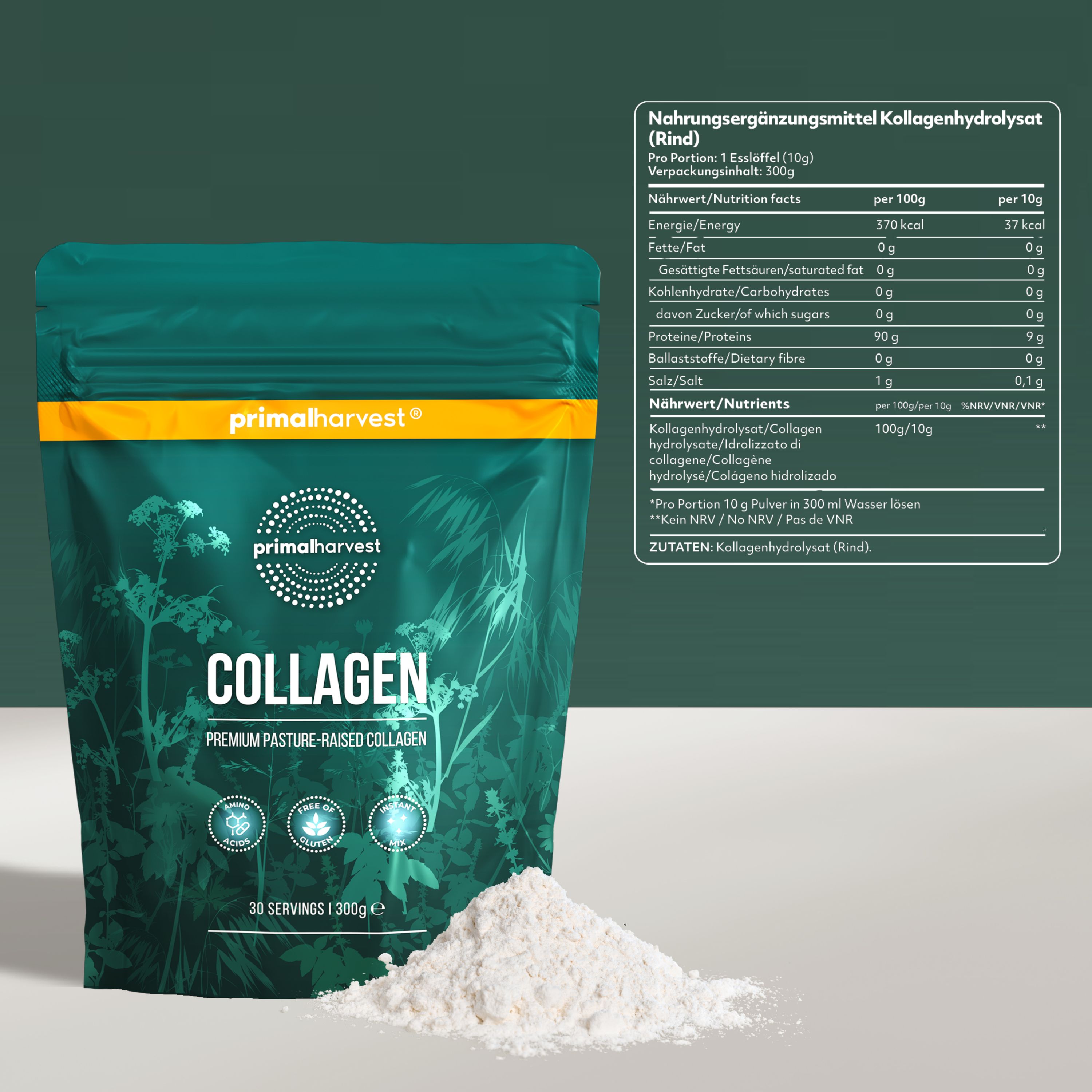 Grüne Tüte mit Collagen Pulver von Primal Harvest®. Enthält Nährwertangaben. Pulver daneben.