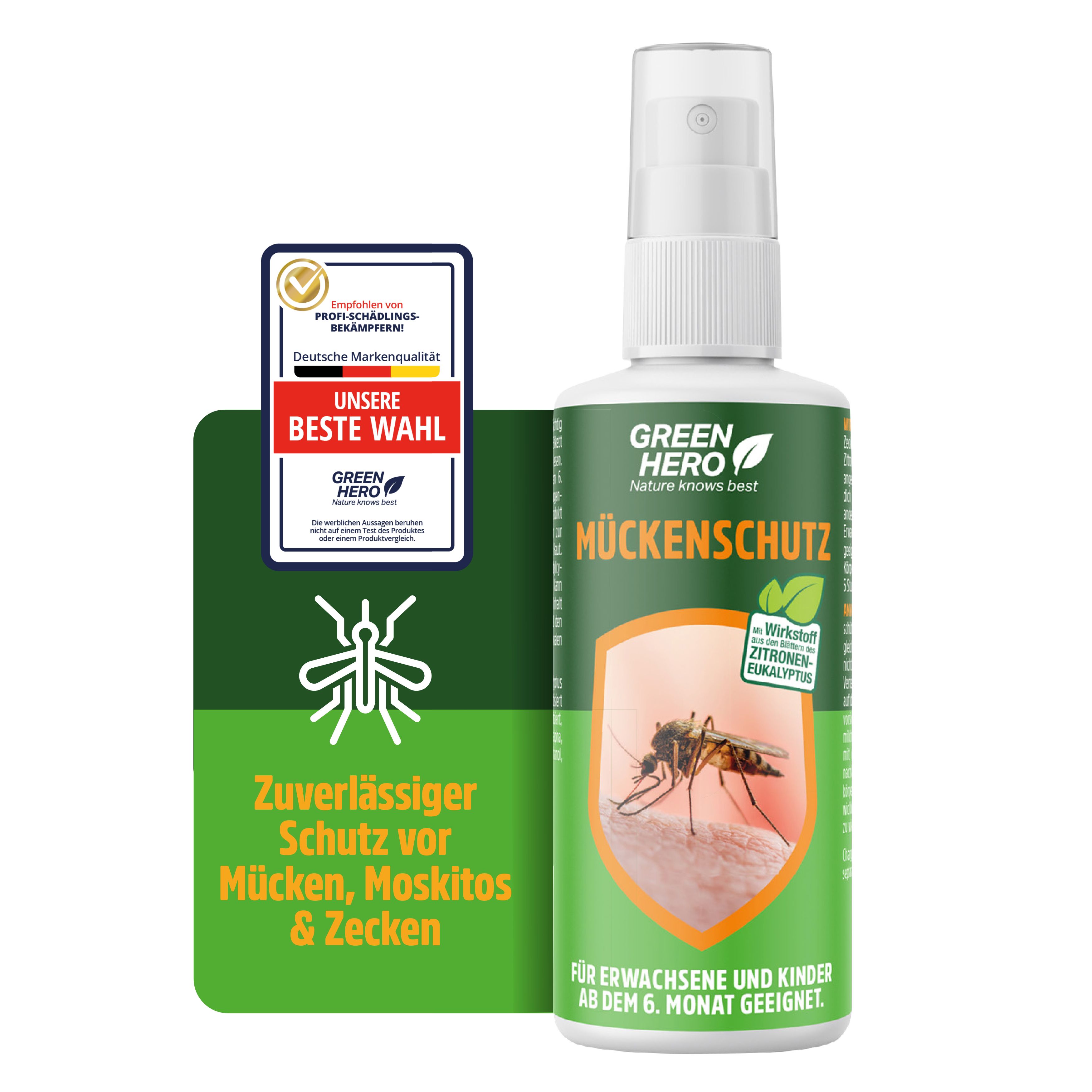 Grüne Flasche mit Sprühkopf. Text: Green Hero Mückenschutz. Logo: Blatt. Zertifikat: Unsere Beste Wahl. Text: Zuverlässiger Schutz vor Mücken, Moskitos & Zecken.