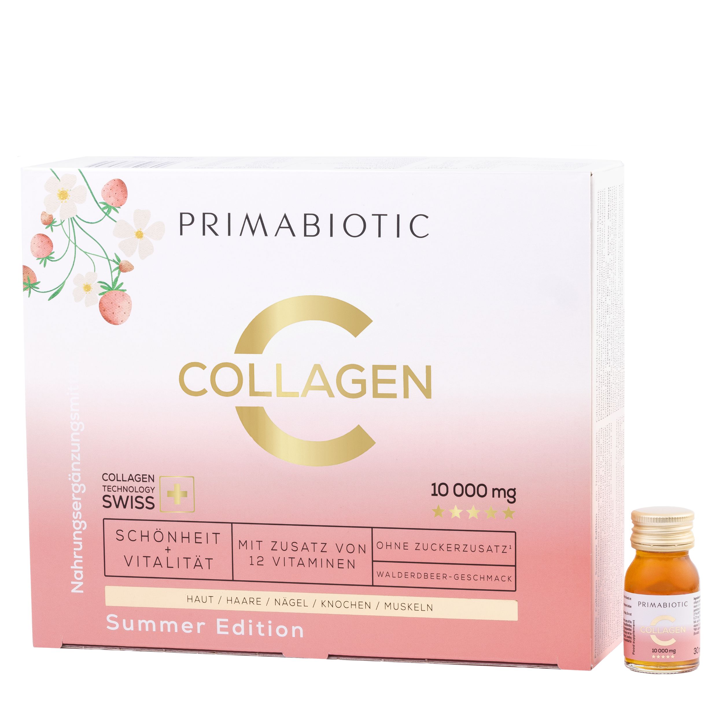 Karton mit Primabiotic Collagen Summer Edition. Enthält 30 Flaschen. Eine Flasche steht daneben. Aufschrift: Collagen, 10.000 mg, Swiss.