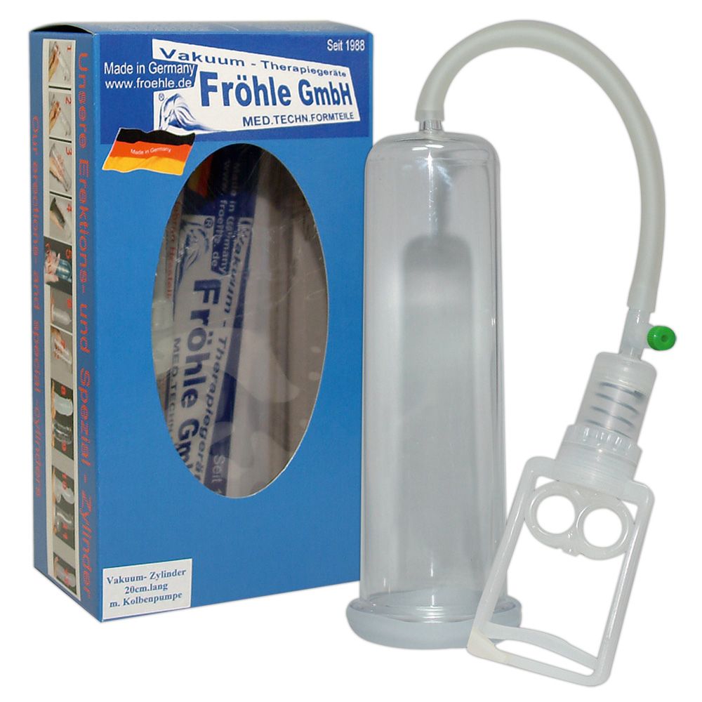 Fröhle Penis Pumpe mit Zylinder, Schlauch und Pumpenmechanismus auf weißem Hintergrund.
