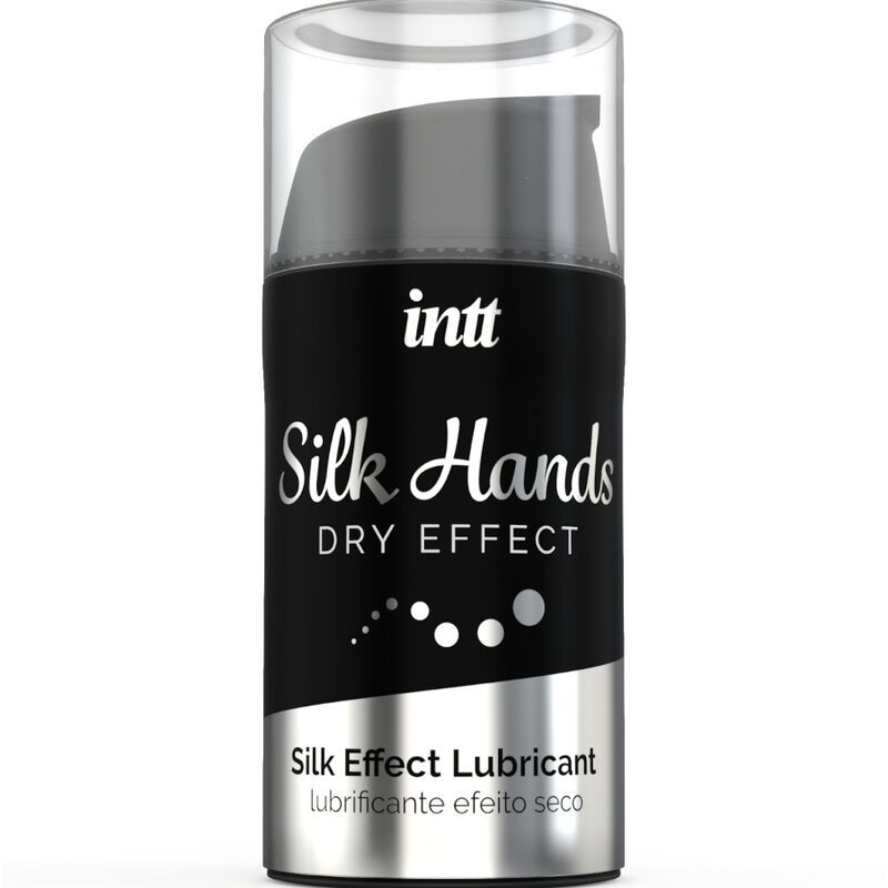 Schwarze Flasche mit silbernen Akzenten. Aufschrift: intt Silk Hands DRY EFFECT Silk Effect Lubricant.