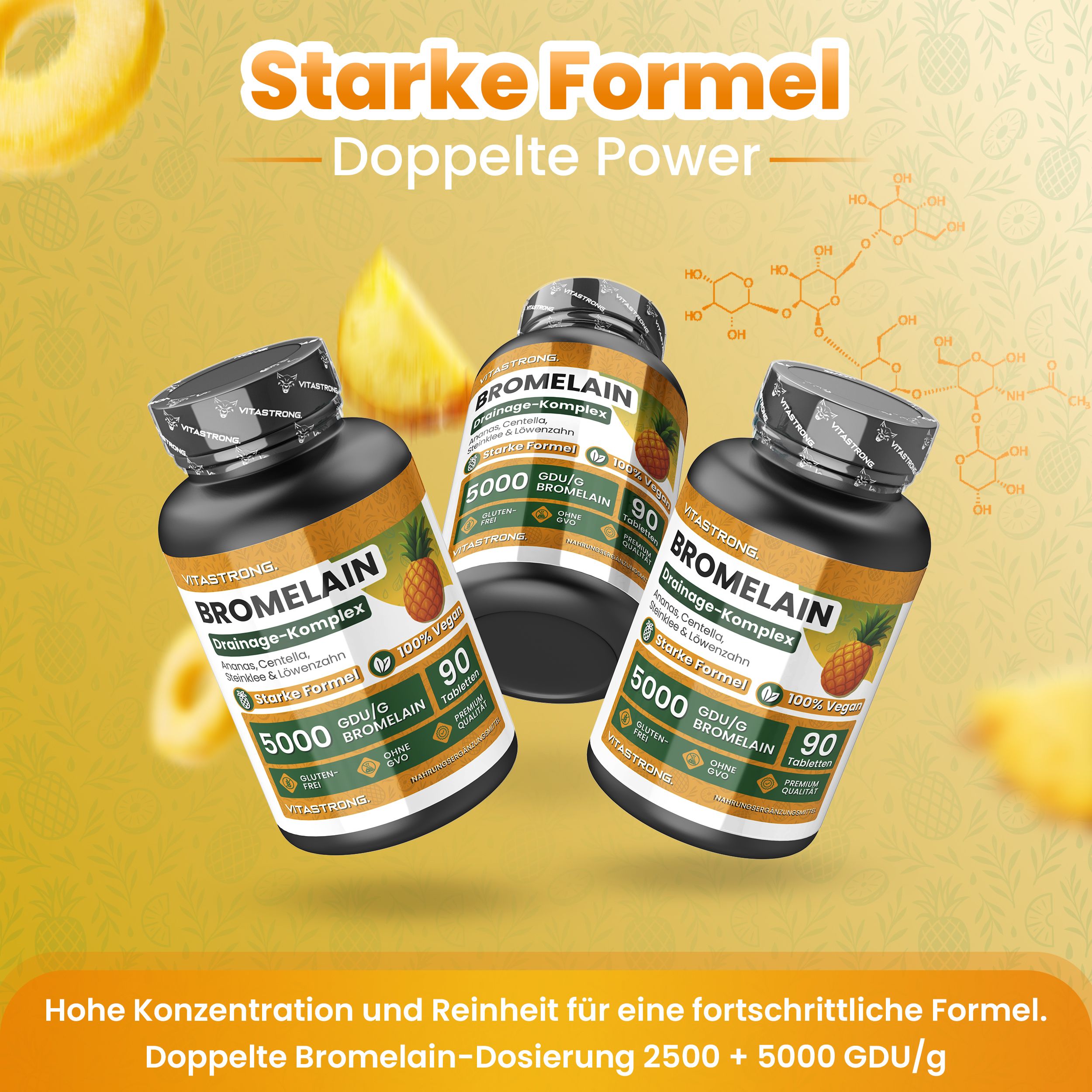 Vitastrong Bromelain 5000 GDU – 90 Tabletten, unterstützt die Entwässerung und hilft bei Cellulite